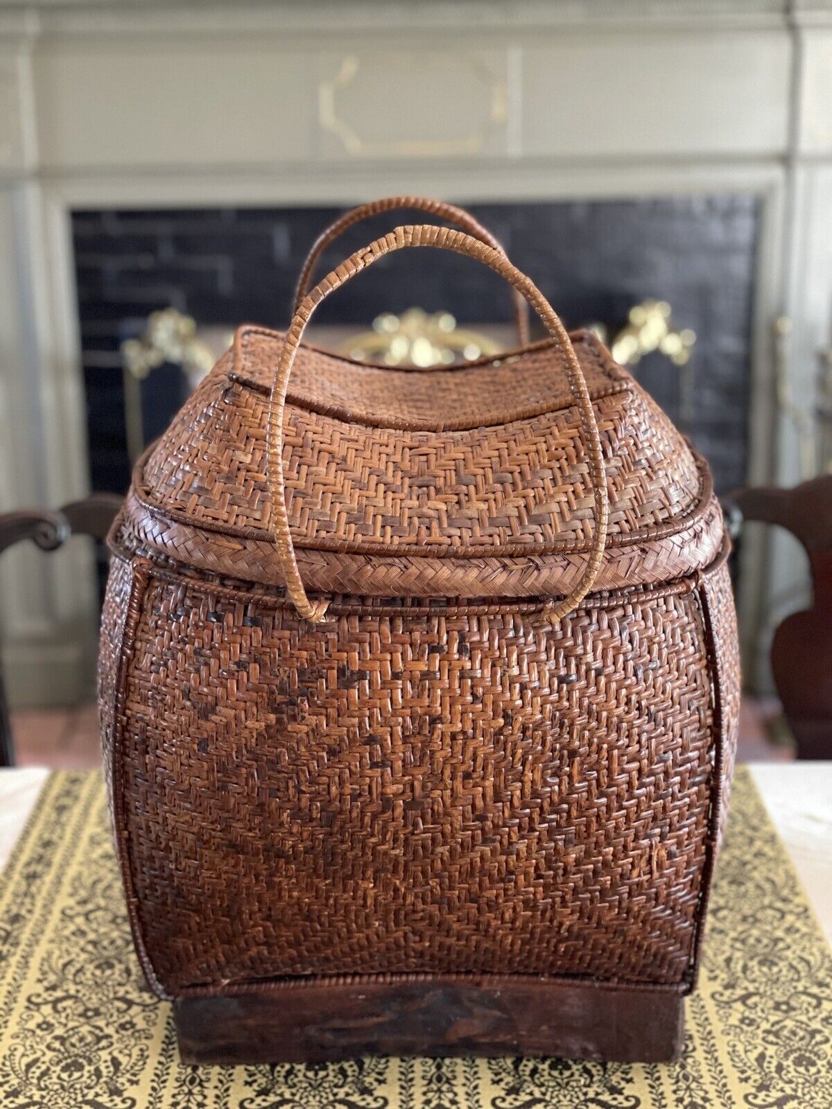 Vintage Basket Filipino Woven Pack Style Lid & Handles circa 17.5” X 13” X 15”