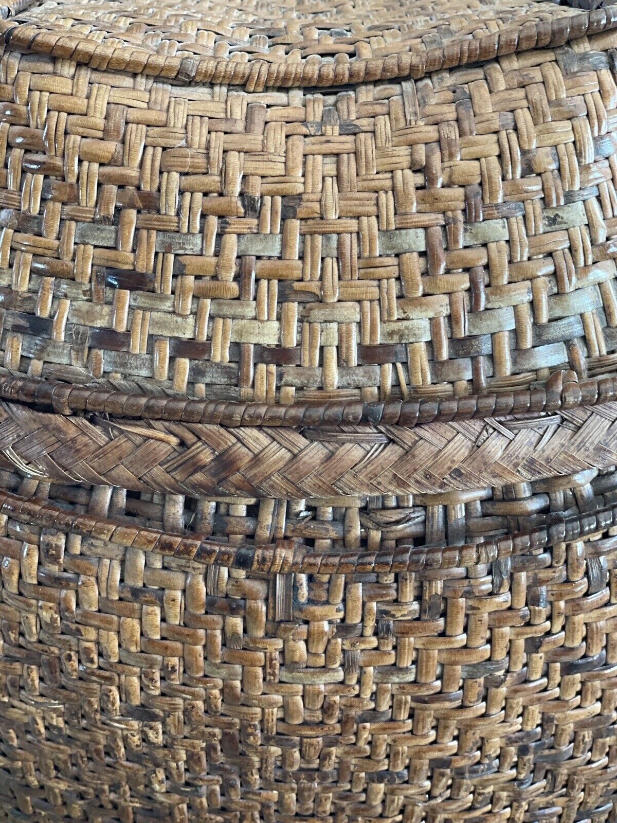 Vintage Basket Filipino Woven Pack Style Lid & Handles circa 17.5” X 13” X 15”