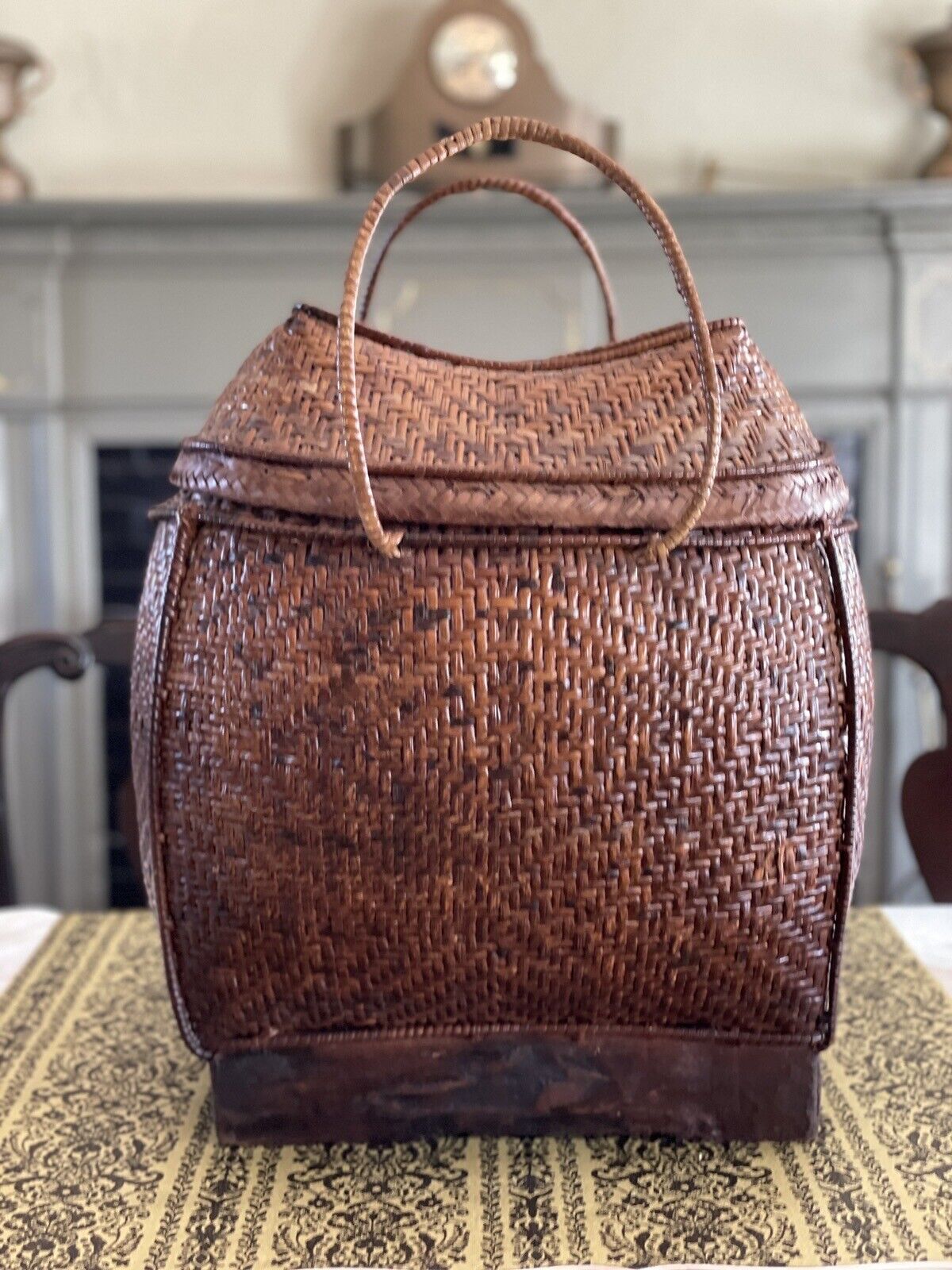 Vintage Basket Filipino Woven Pack Style Lid & Handles circa 17.5” X 13” X 15”
