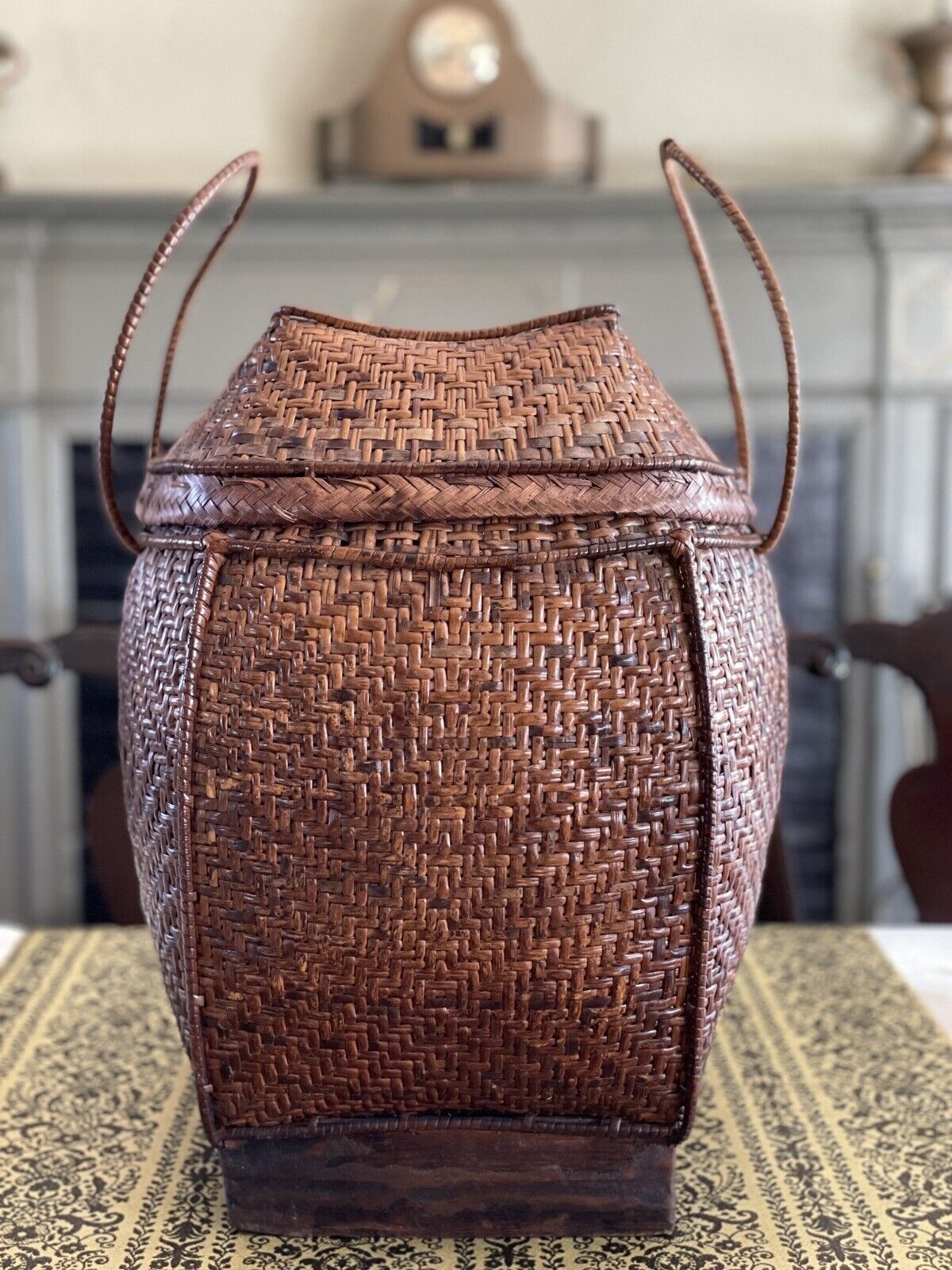 Vintage Basket Filipino Woven Pack Style Lid & Handles circa 17.5” X 13” X 15”