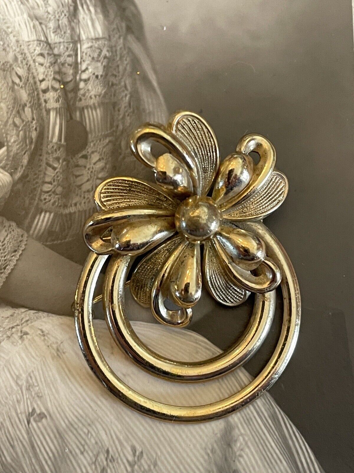Vintage Goldtone Flower With Rings Brooch