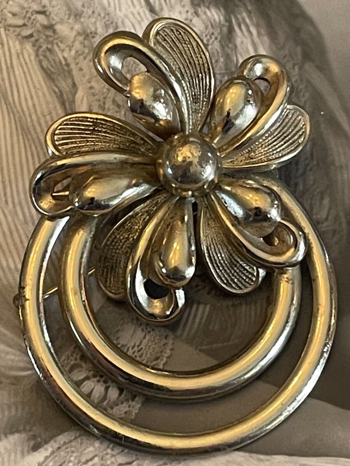 Vintage Goldtone Flower With Rings Brooch
