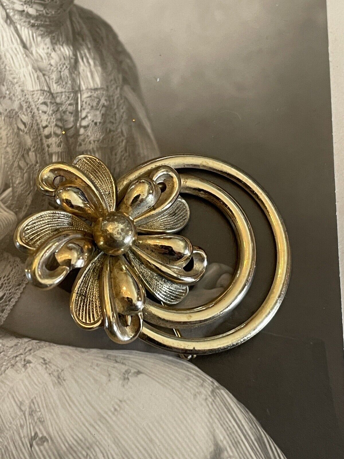 Vintage Goldtone Flower With Rings Brooch