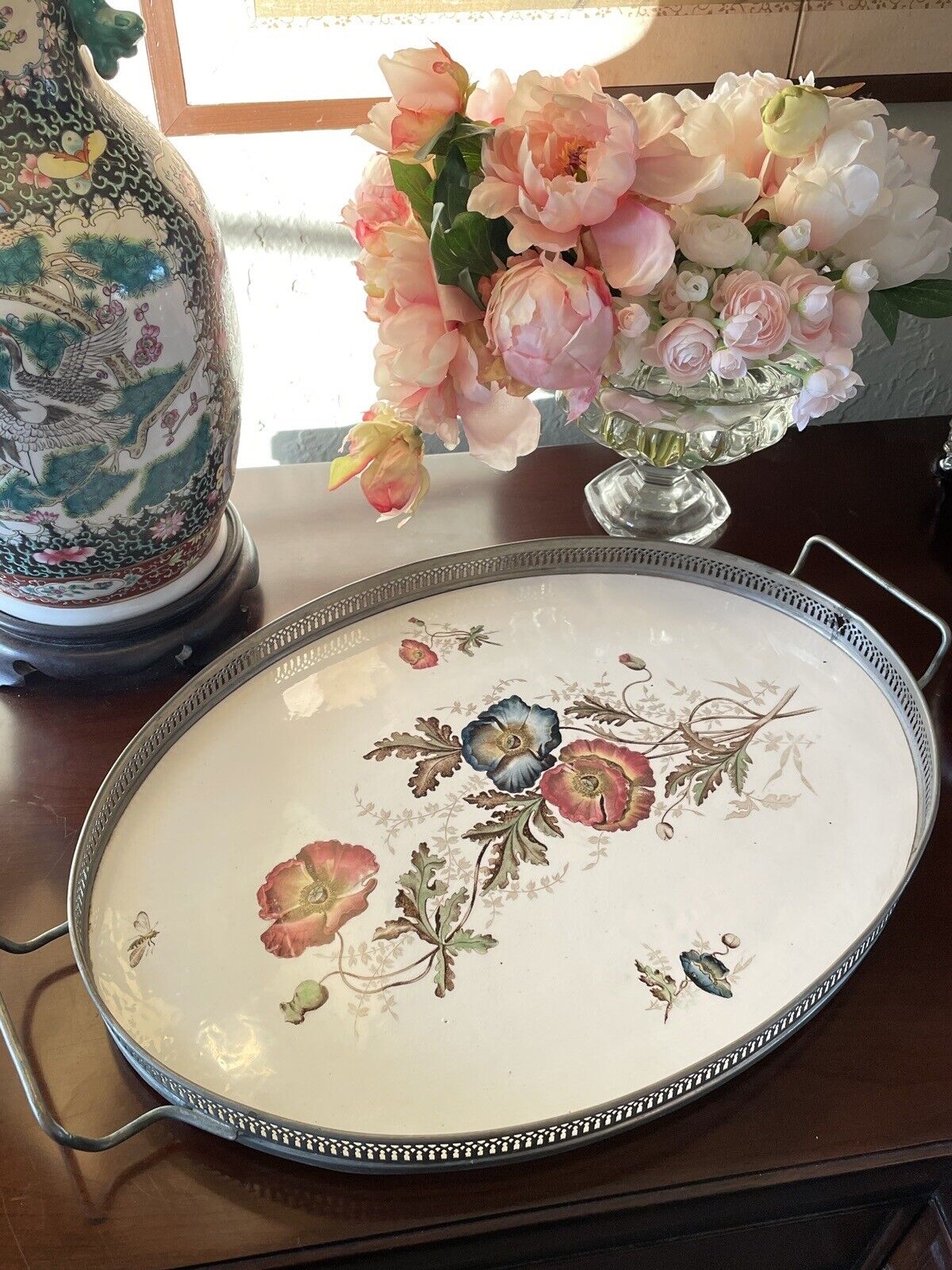 Antique Porcelain Gallery Tray Flowers & Bee Handled 20.5” X 13.25” Estate Find
