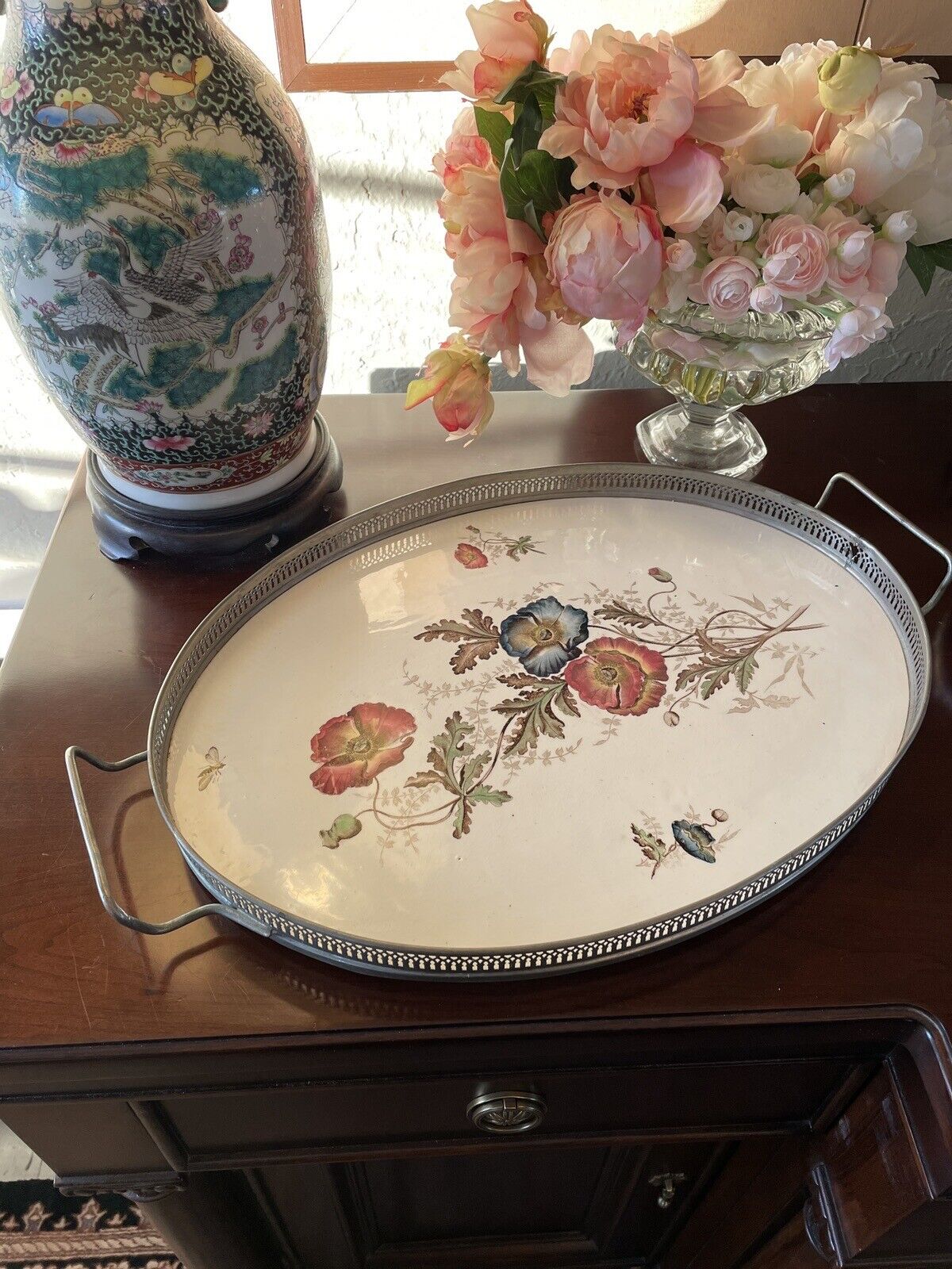 Antique Porcelain Gallery Tray Flowers & Bee Handled 20.5” X 13.25” Estate Find