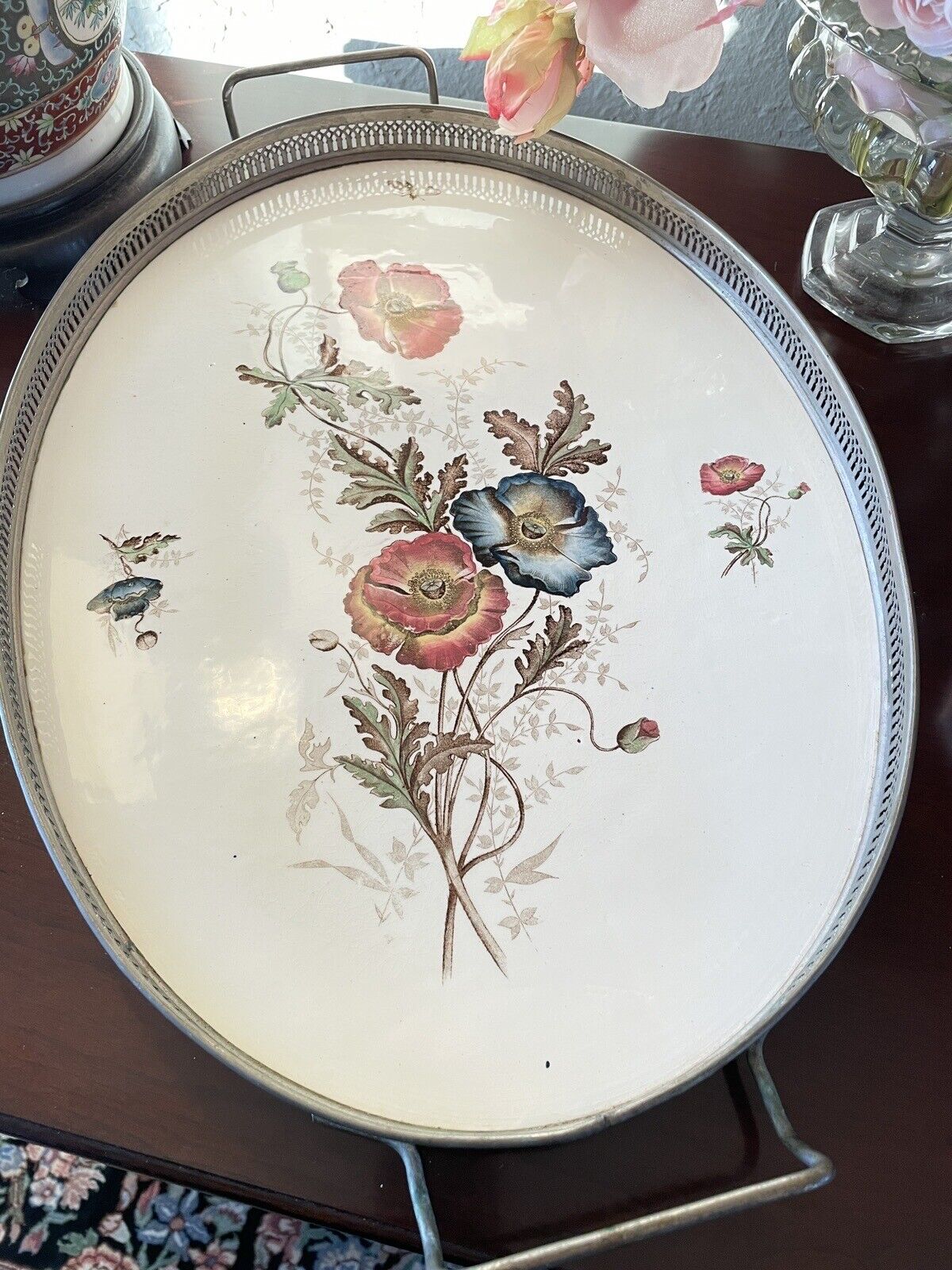 Antique Porcelain Gallery Tray Flowers & Bee Handled 20.5” X 13.25” Estate Find