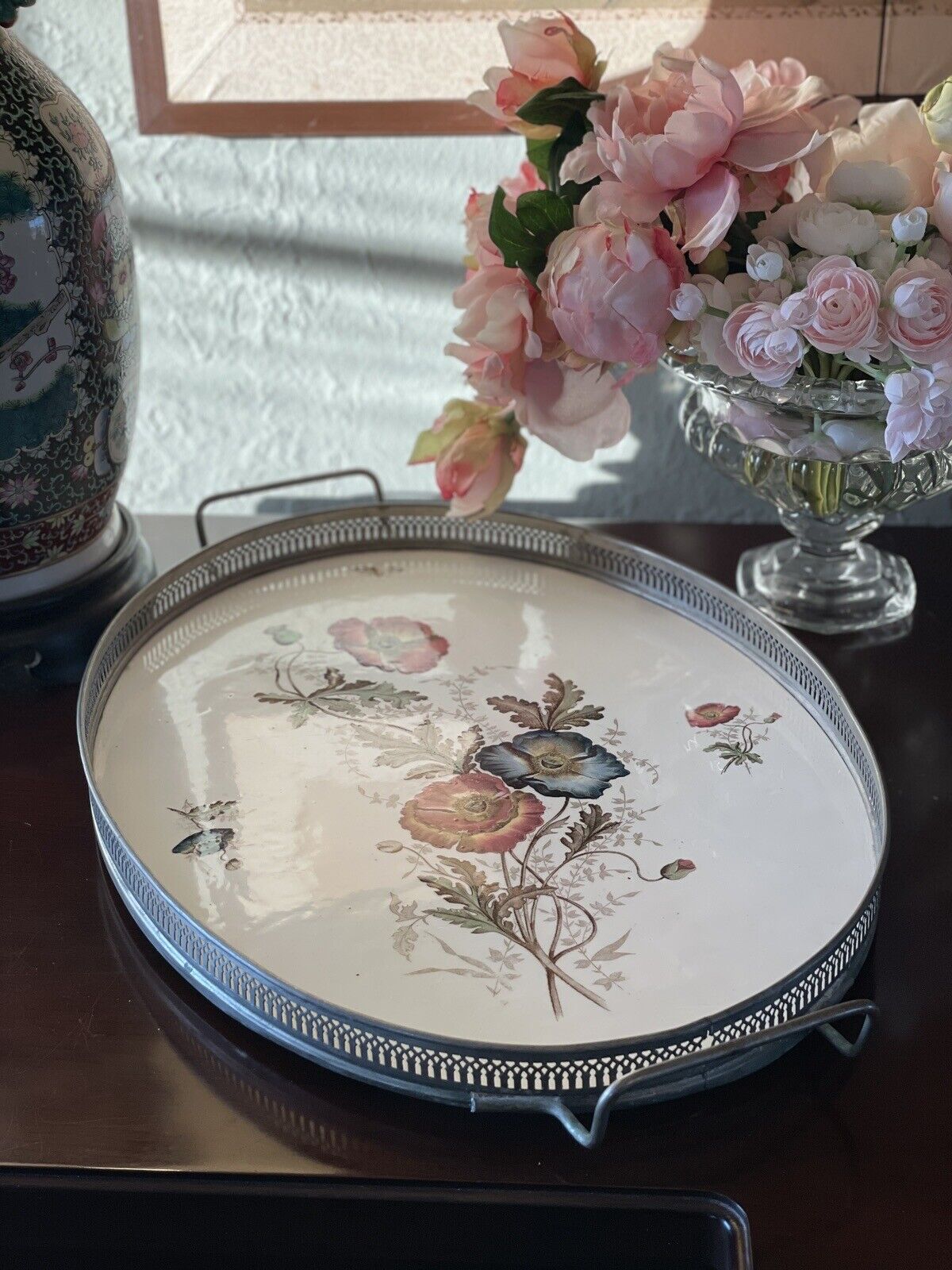Antique Porcelain Gallery Tray Flowers & Bee Handled 20.5” X 13.25” Estate Find
