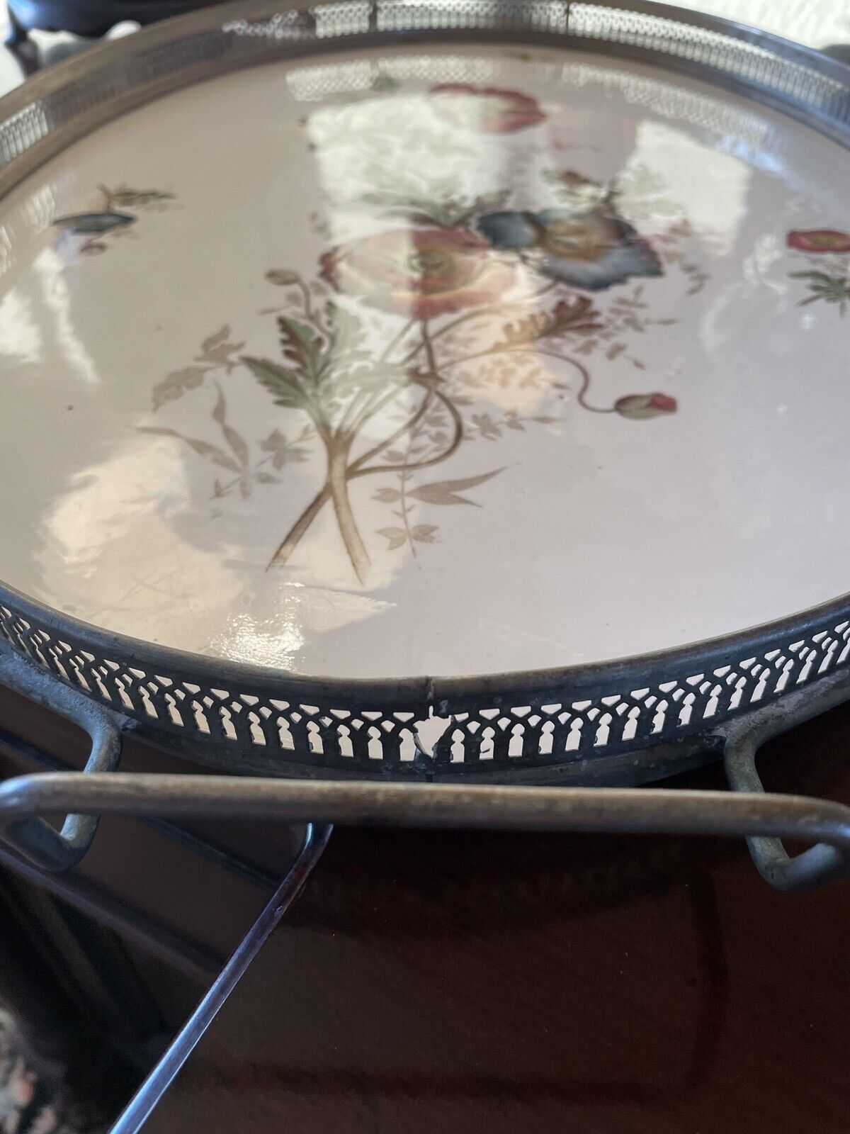 Antique Porcelain Gallery Tray Flowers & Bee Handled 20.5” X 13.25” Estate Find