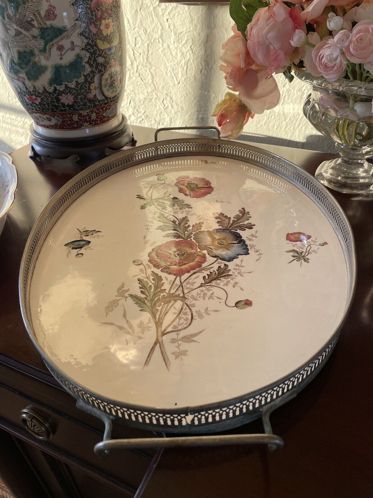 Antique Porcelain Gallery Tray Flowers & Bee Handled 20.5” X 13.25” Estate Find
