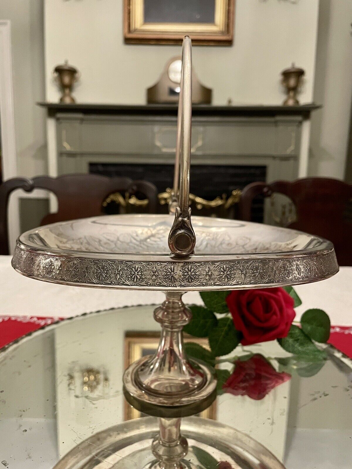 Antique Silverplate Bridal Basket Victorian Bird Motif Flowers & Fern
