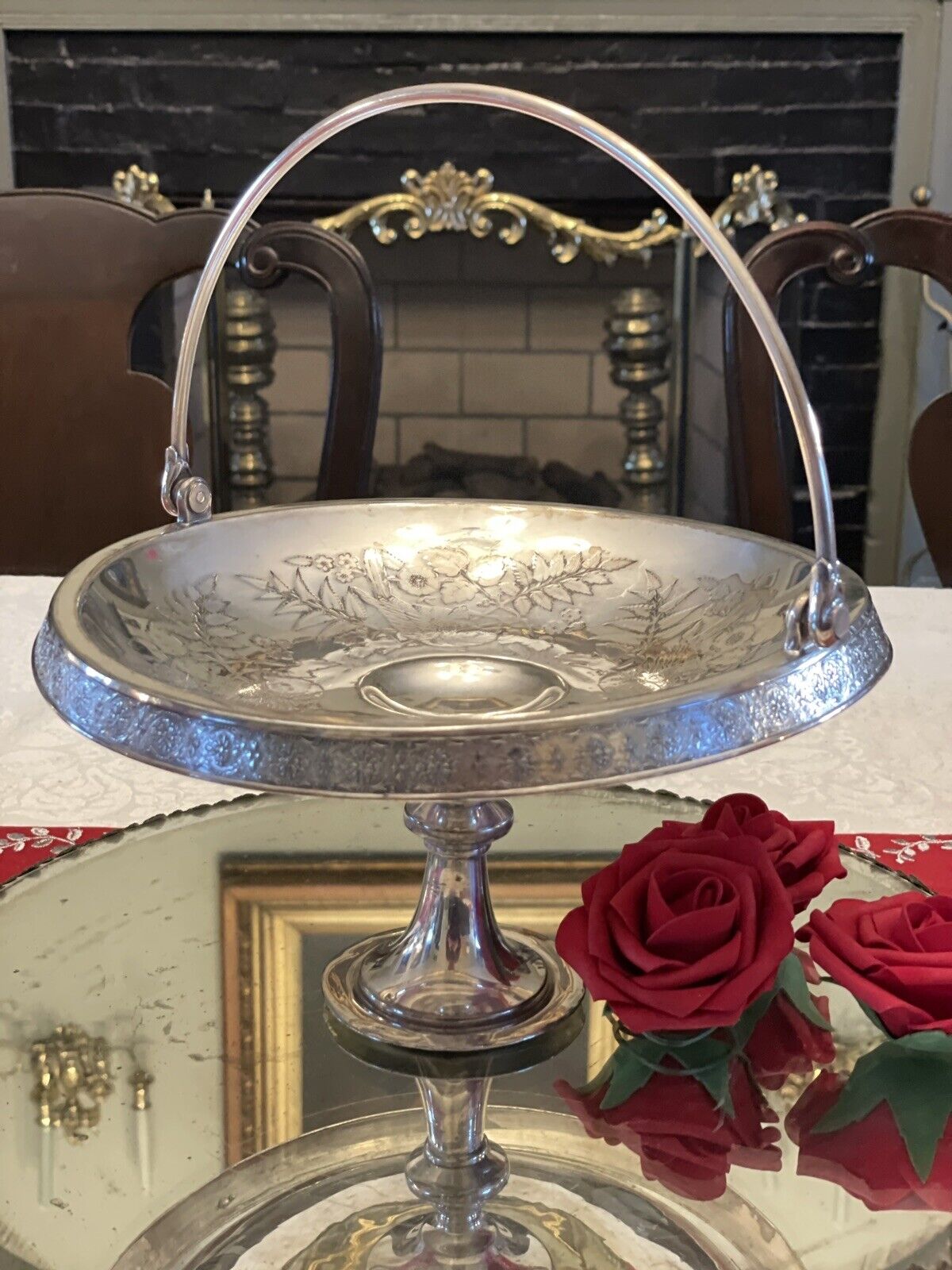 Antique Silverplate Bridal Basket Victorian Bird Motif Flowers & Fern