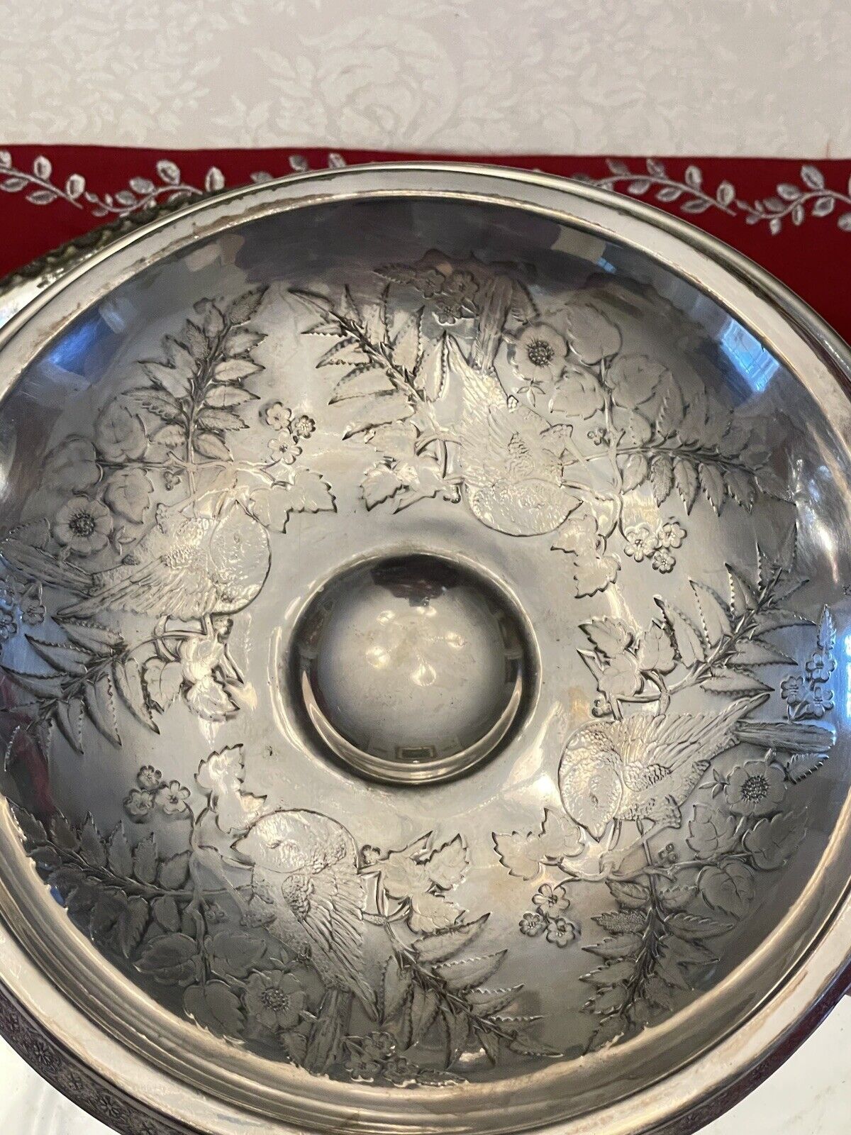 Antique Silverplate Bridal Basket Victorian Bird Motif Flowers & Fern