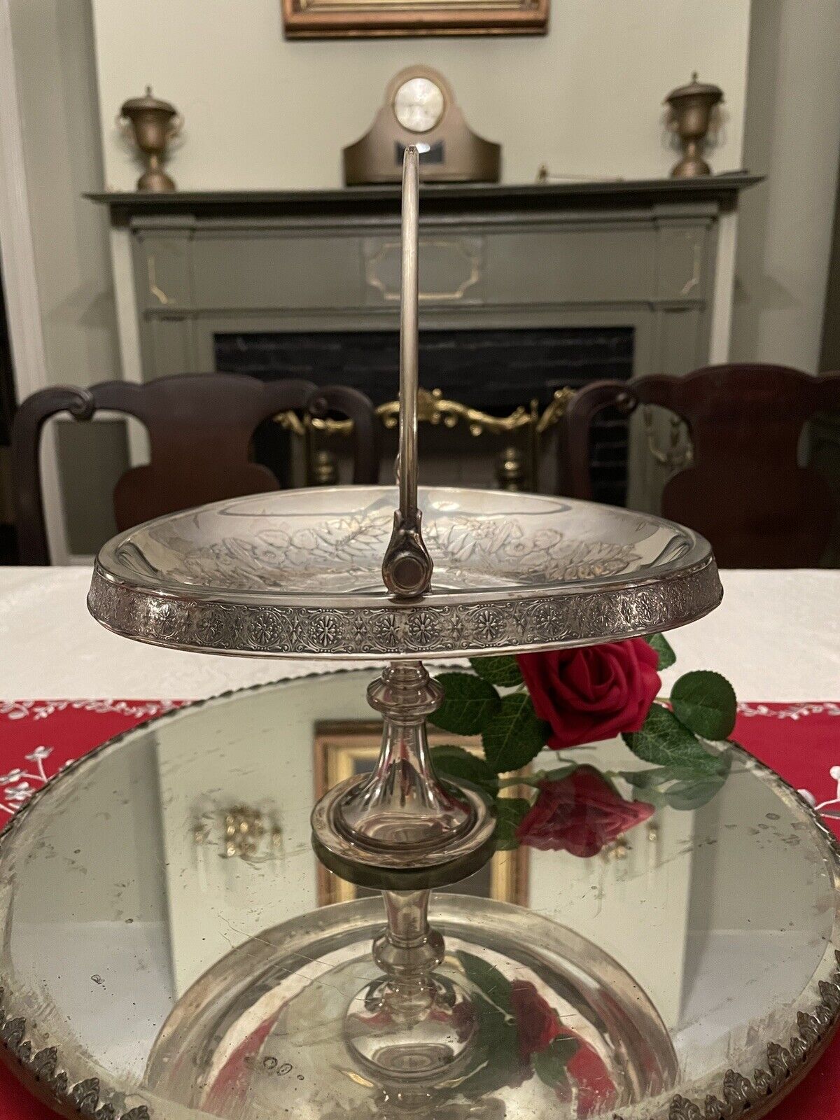 Antique Silverplate Bridal Basket Victorian Bird Motif Flowers & Fern