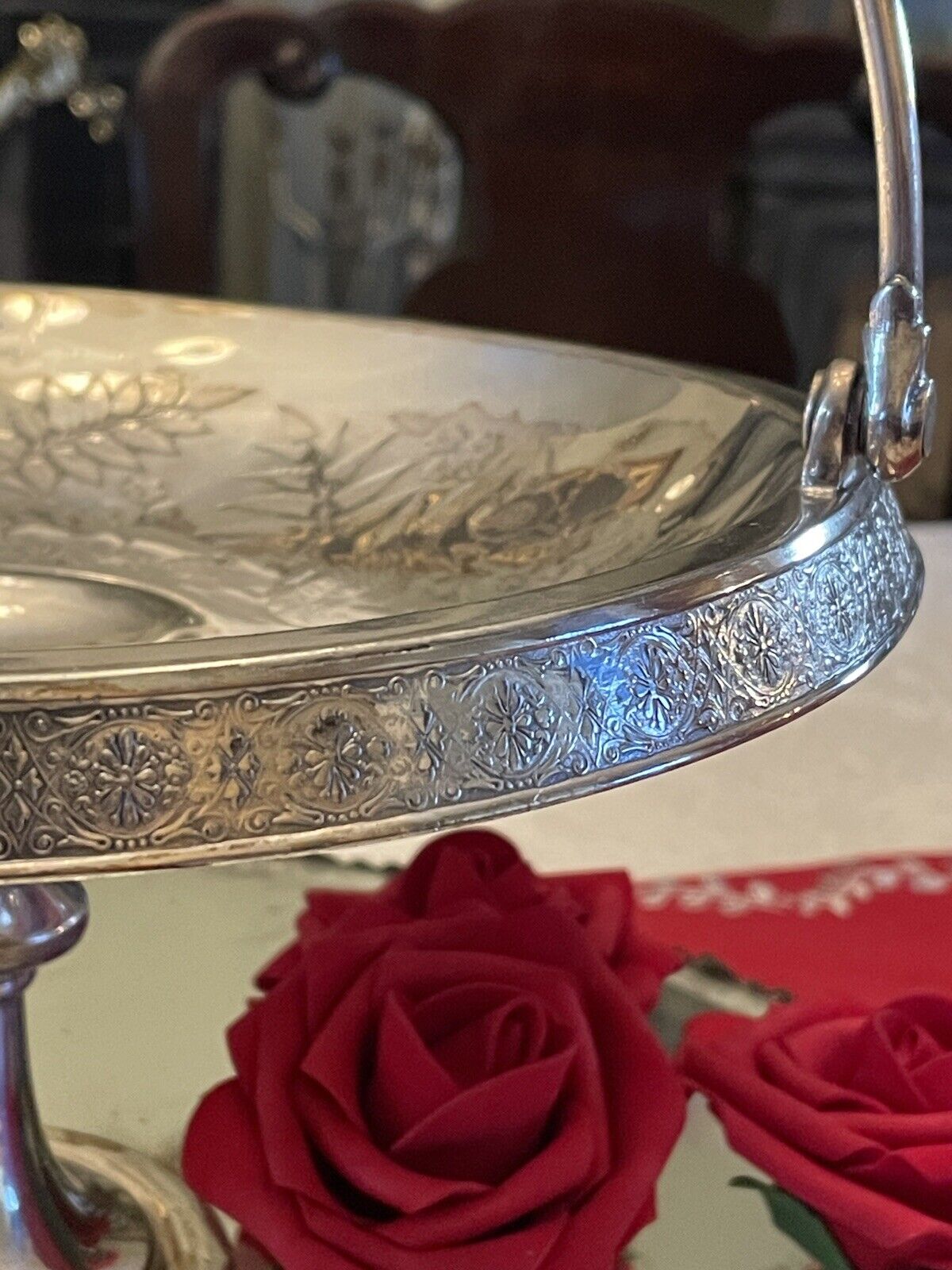 Antique Silverplate Bridal Basket Victorian Bird Motif Flowers & Fern