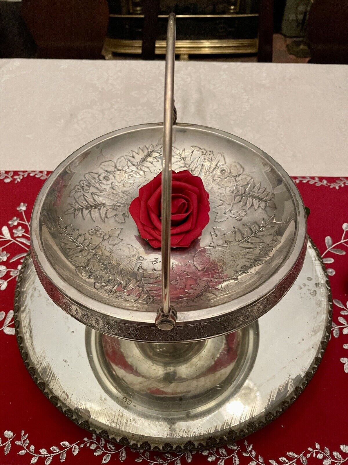 Antique Silverplate Bridal Basket Victorian Bird Motif Flowers & Fern