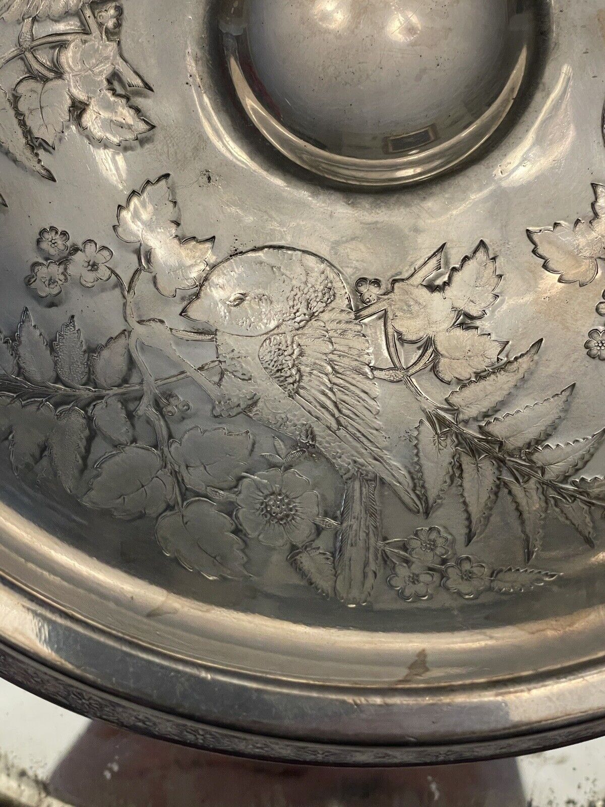 Antique Silverplate Bridal Basket Victorian Bird Motif Flowers & Fern