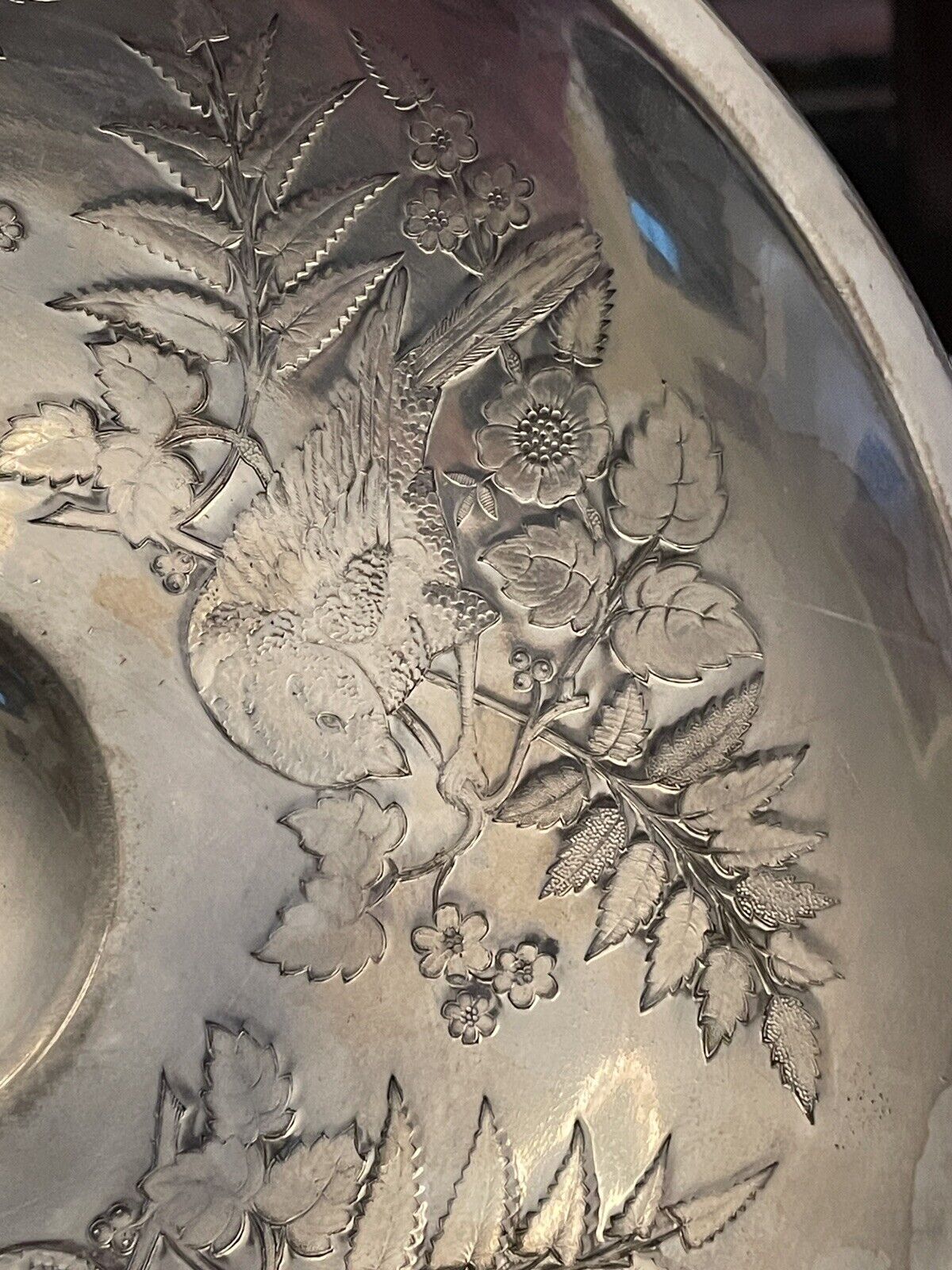 Antique Silverplate Bridal Basket Victorian Bird Motif Flowers & Fern