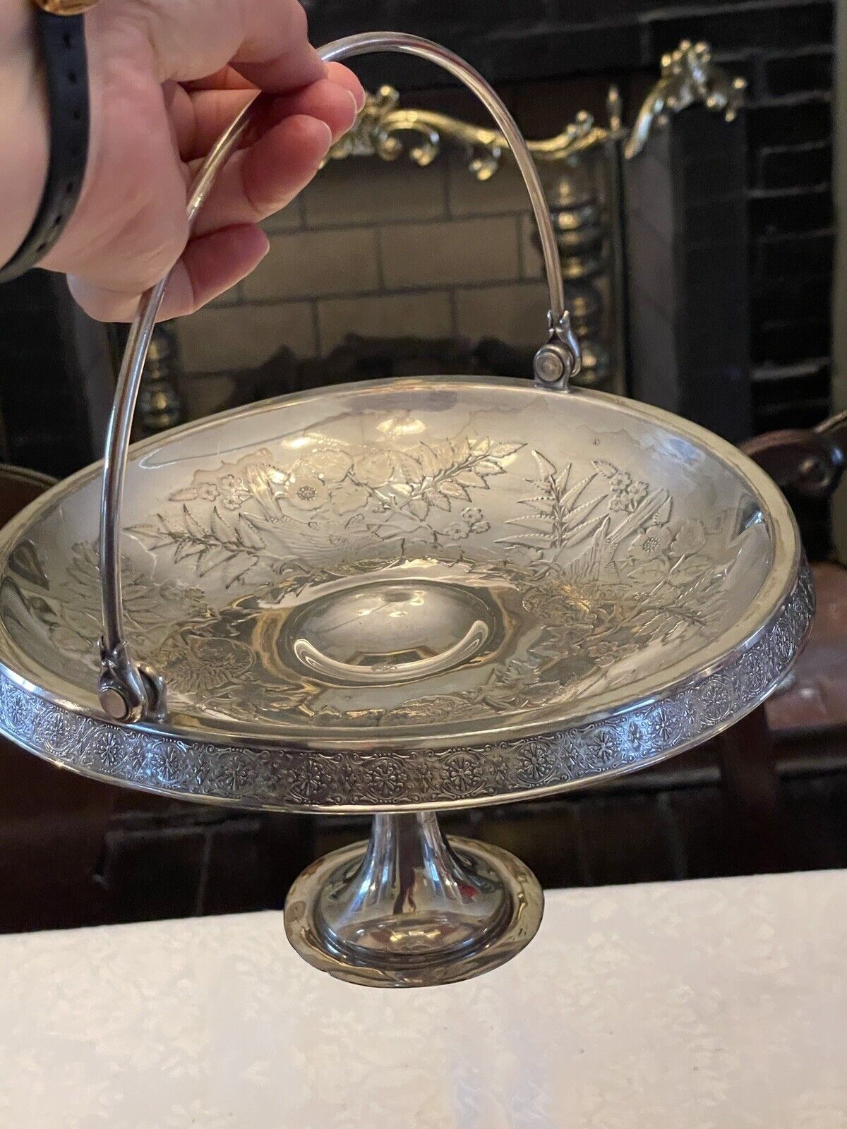Antique Silverplate Bridal Basket Victorian Bird Motif Flowers & Fern
