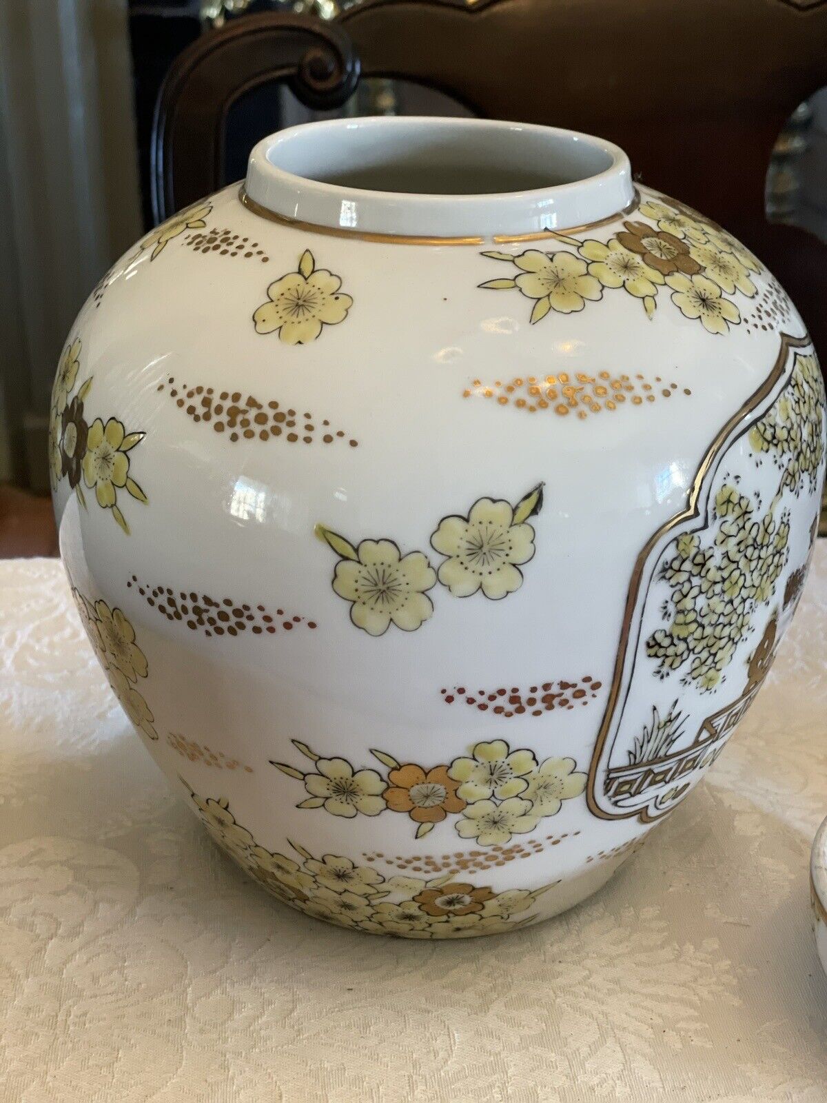 Vintage Japan Gold Imari Hand Painted Wagon/Yellow flowers Vase/Jar Porcelain 9”
