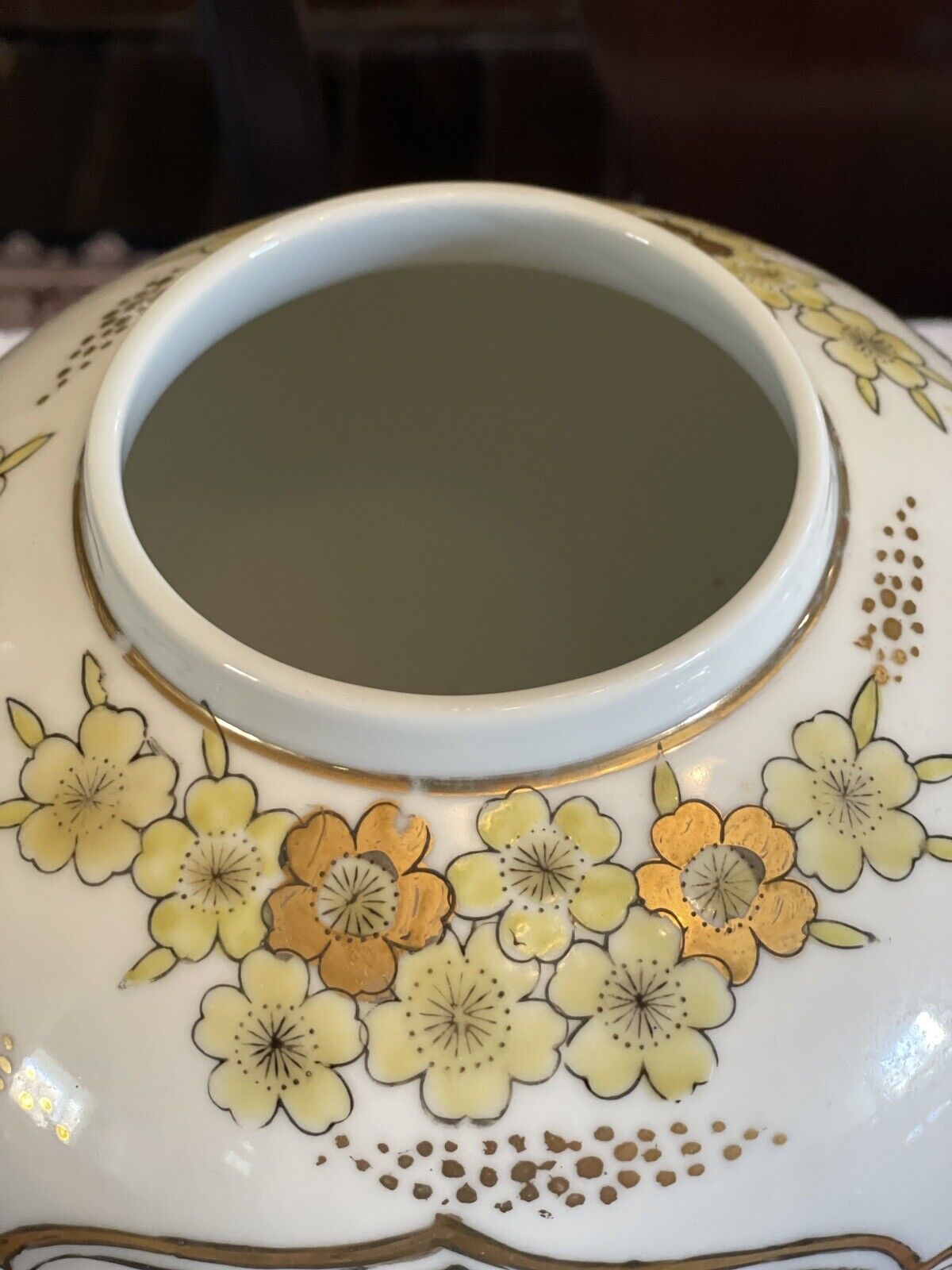 Vintage Japan Gold Imari Hand Painted Wagon/Yellow flowers Vase/Jar Porcelain 9”