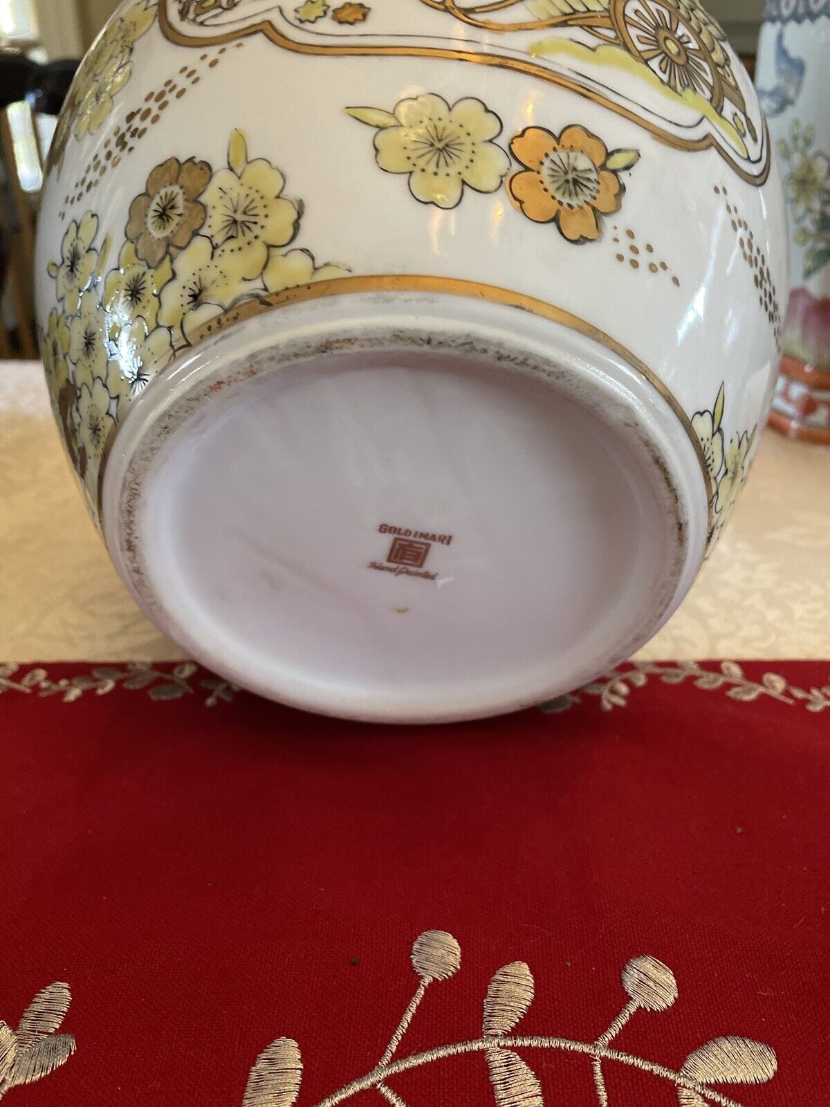 Vintage Japan Gold Imari Hand Painted Wagon/Yellow flowers Vase/Jar Porcelain 9”