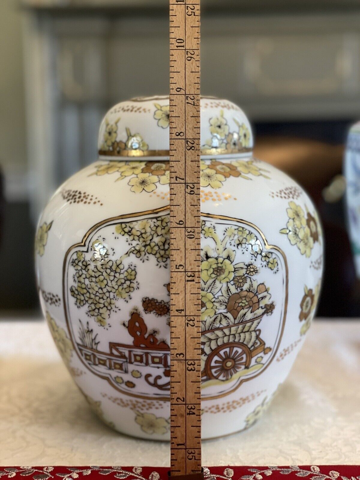 Vintage Japan Gold Imari Hand Painted Wagon/Yellow flowers Vase/Jar Porcelain 9”