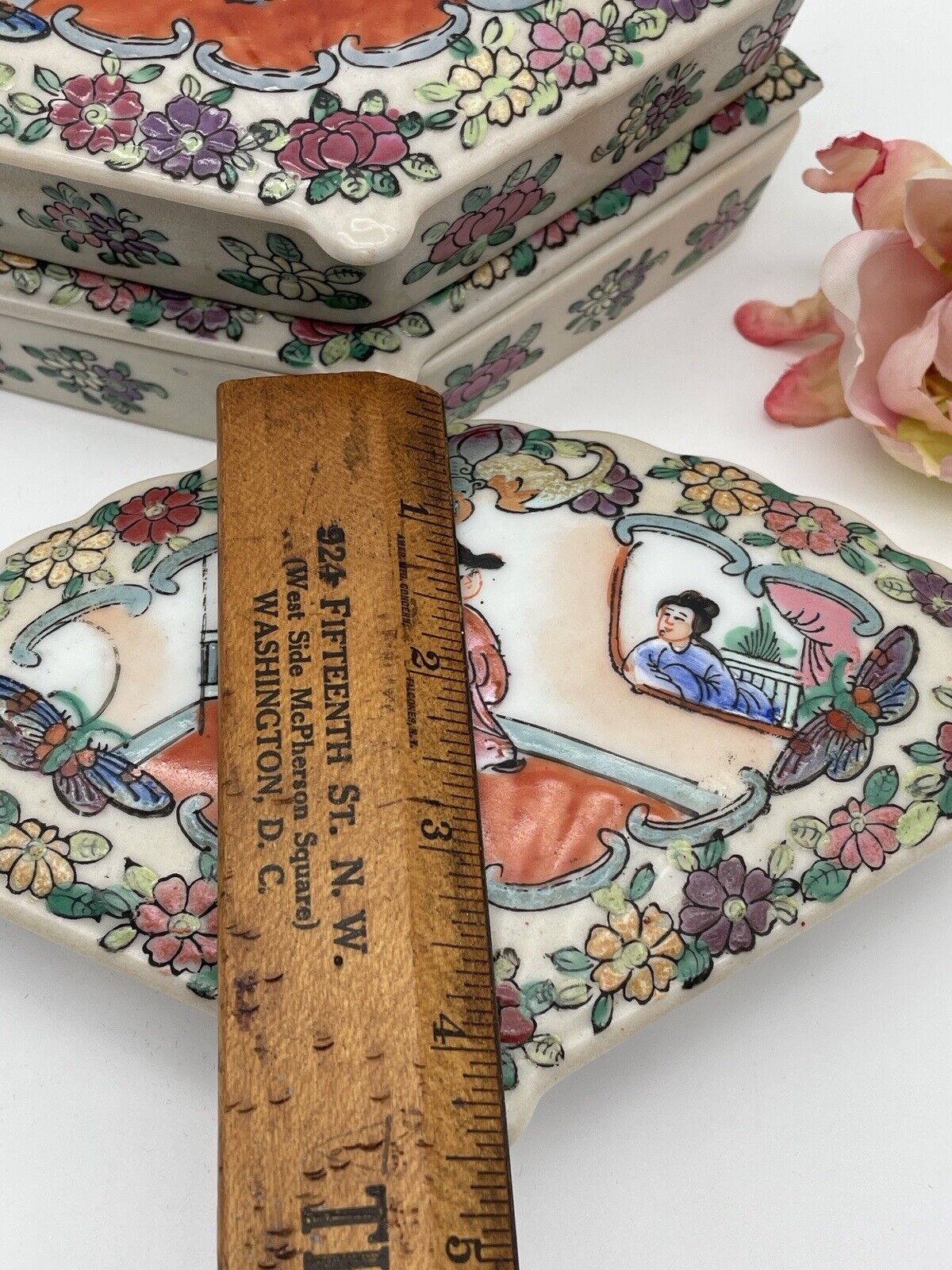Vintage Chinoiserie Famille Rose Trinket Box Set originally sold by MILLER RHOADS Department Store