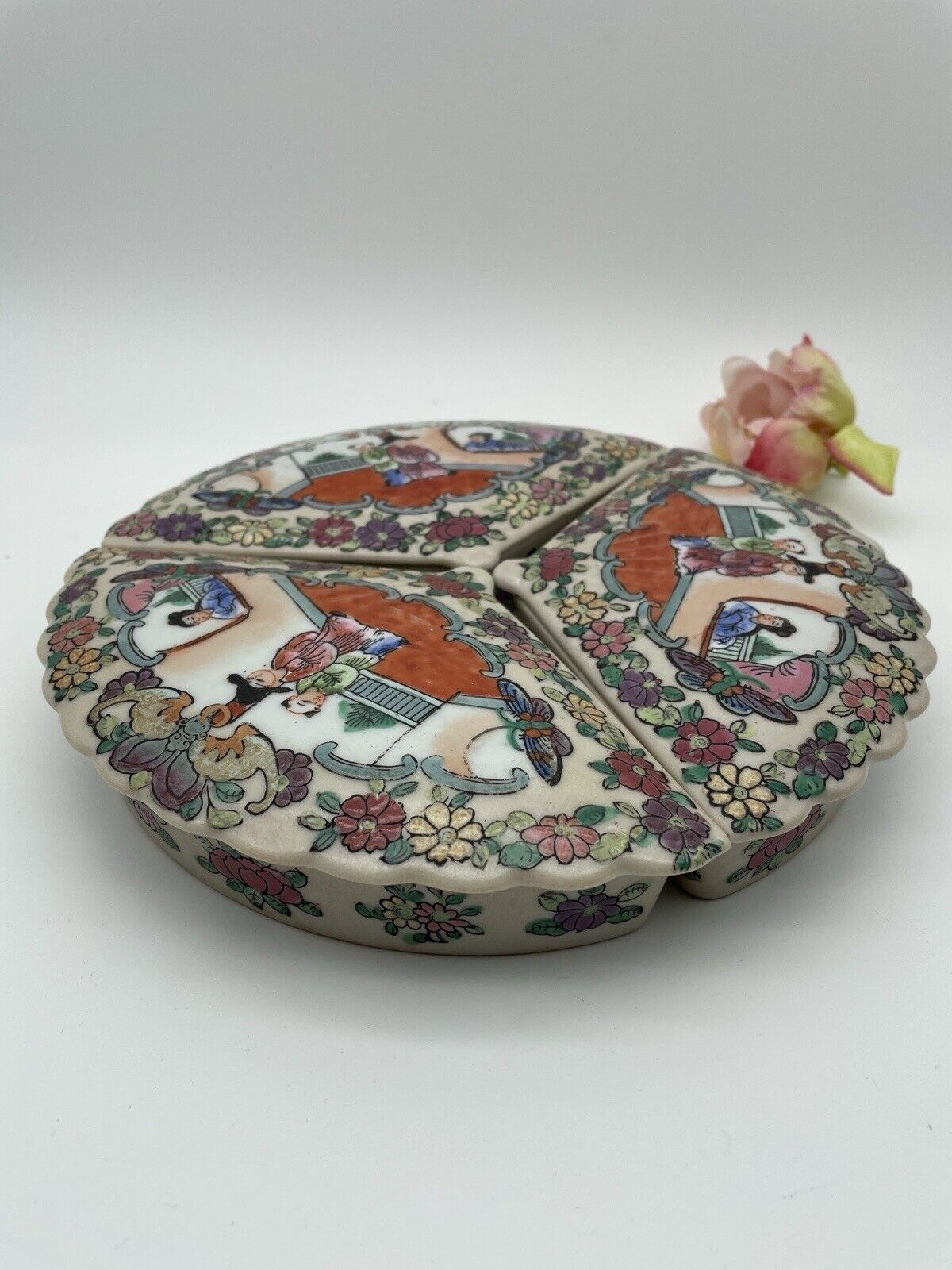 Vintage Chinoiserie Famille Rose Trinket Box Set originally sold by MILLER RHOADS Department Store