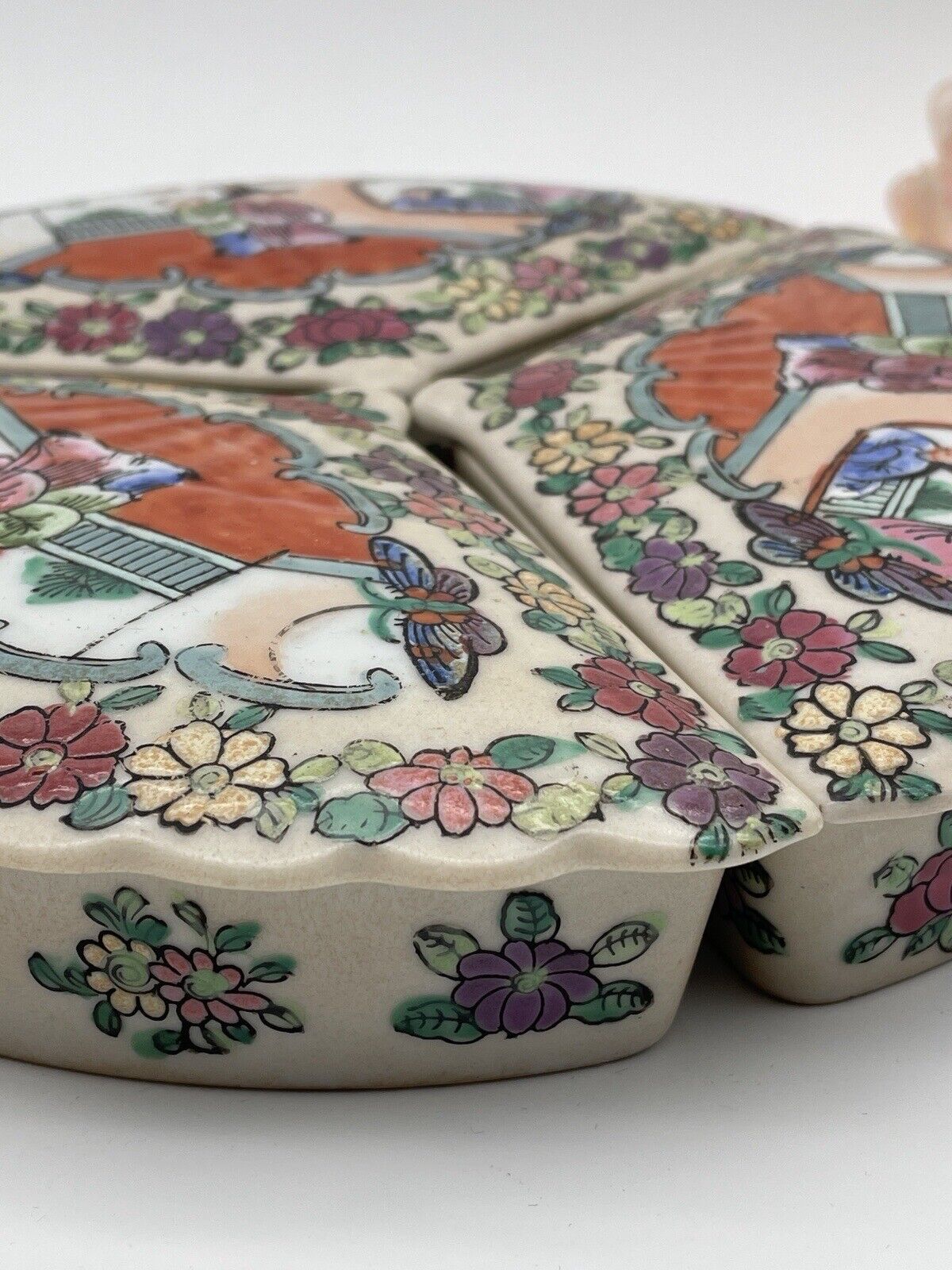 Vintage Chinoiserie Famille Rose Trinket Box Set originally sold by MILLER RHOADS Department Store