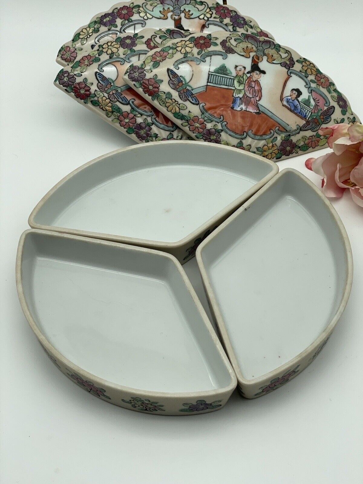 Vintage Chinoiserie Famille Rose Trinket Box Set originally sold by MILLER RHOADS Department Store