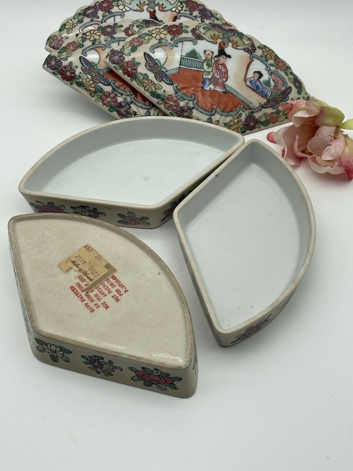 Vintage Chinoiserie Famille Rose Trinket Box Set originally sold by MILLER RHOADS Department Store