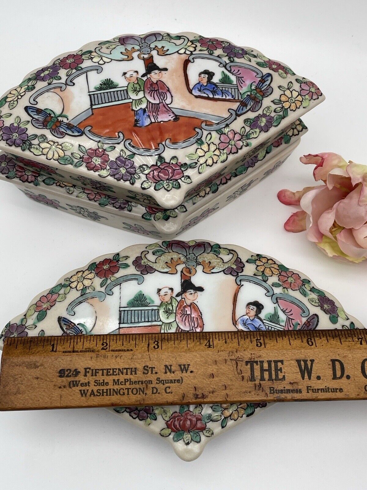 Vintage Chinoiserie Famille Rose Trinket Box Set originally sold by MILLER RHOADS Department Store