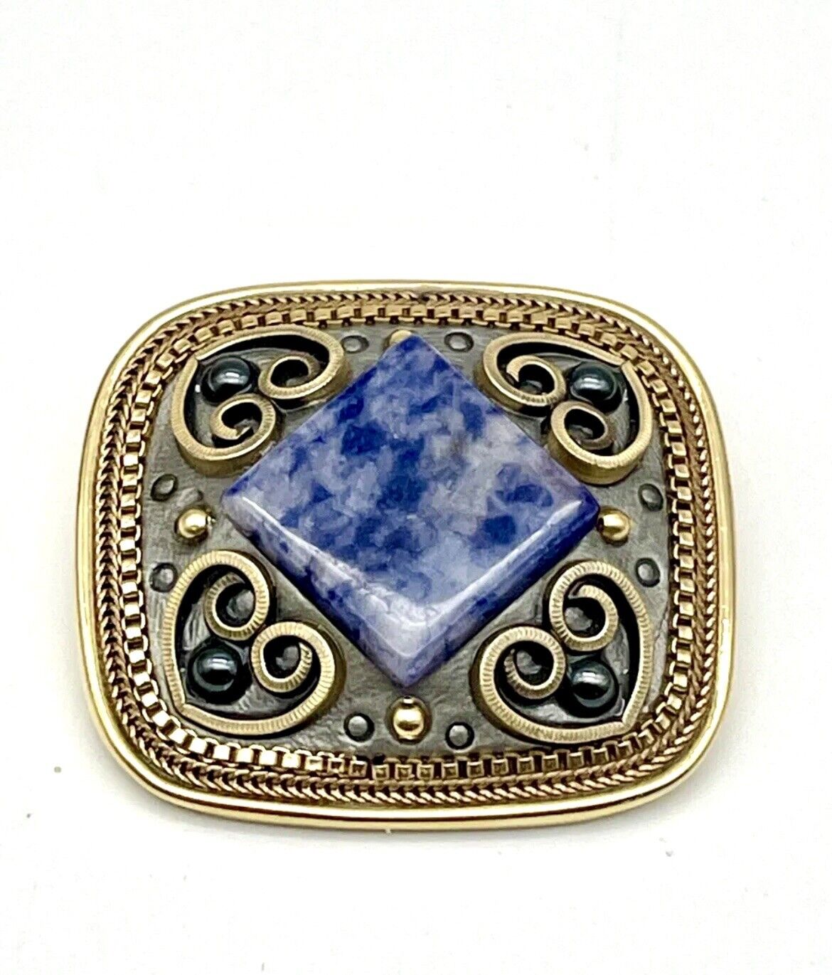 Vintage Michal Golan Signed Gold Tone Brooch w/Sodalite Heart Design