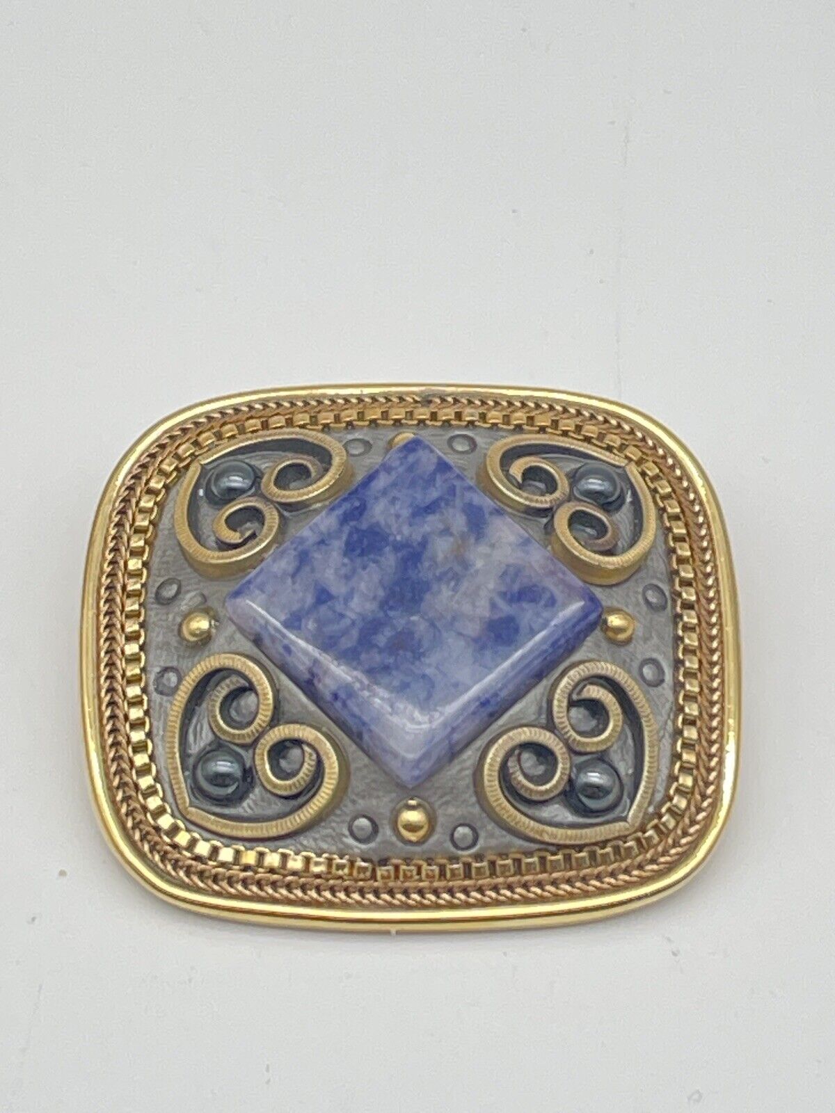 Vintage Michal Golan Signed Gold Tone Brooch w/Sodalite Heart Design