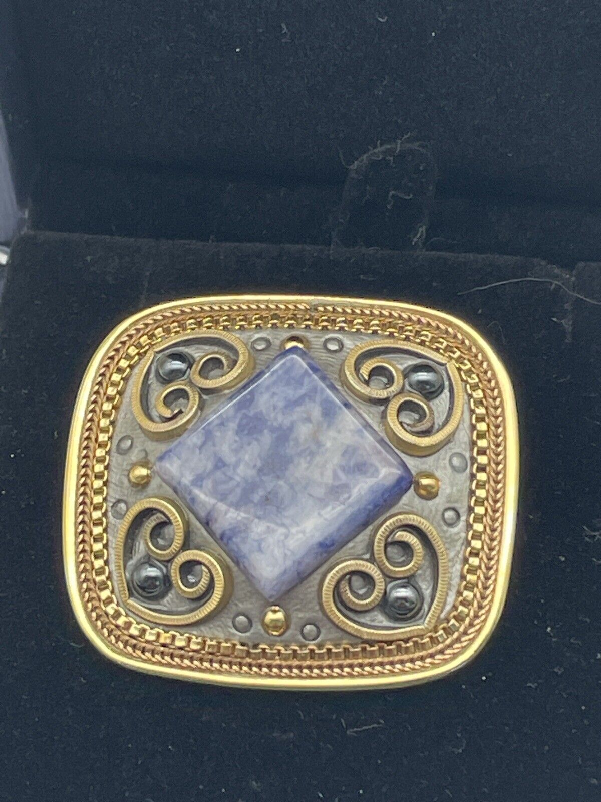 Vintage Michal Golan Signed Gold Tone Brooch w/Sodalite Heart Design