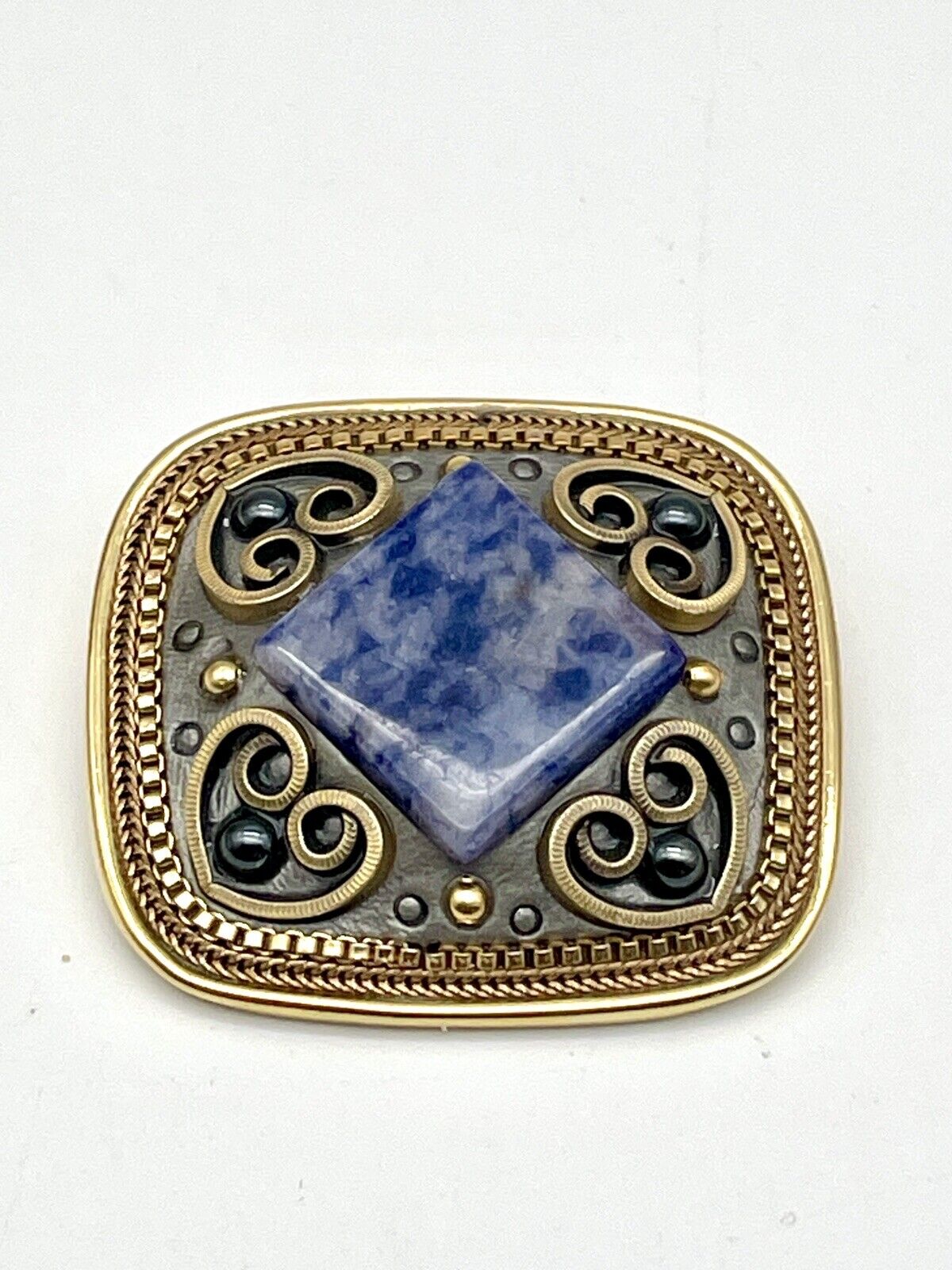 Vintage Michal Golan Signed Gold Tone Brooch w/Sodalite Heart Design