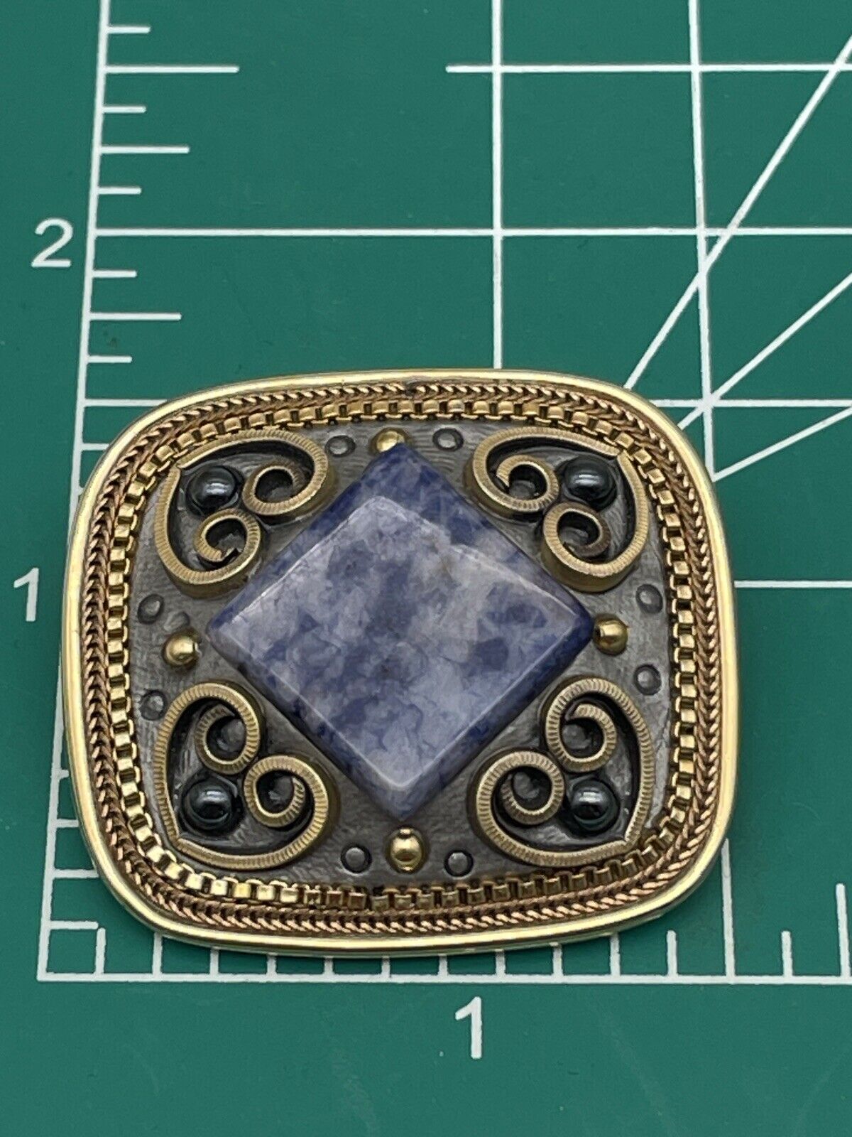 Vintage Michal Golan Signed Gold Tone Brooch w/Sodalite Heart Design