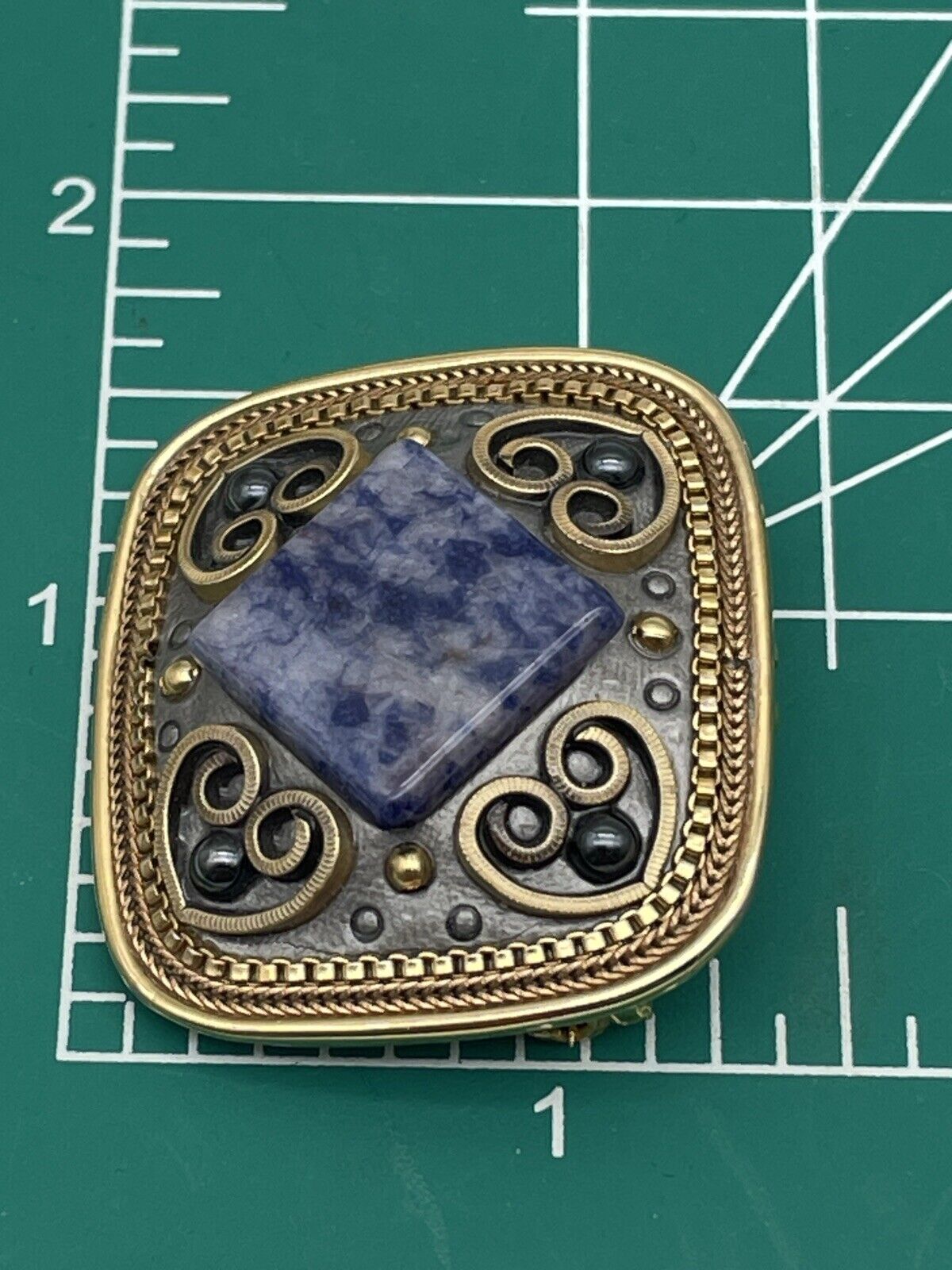 Vintage Michal Golan Signed Gold Tone Brooch w/Sodalite Heart Design