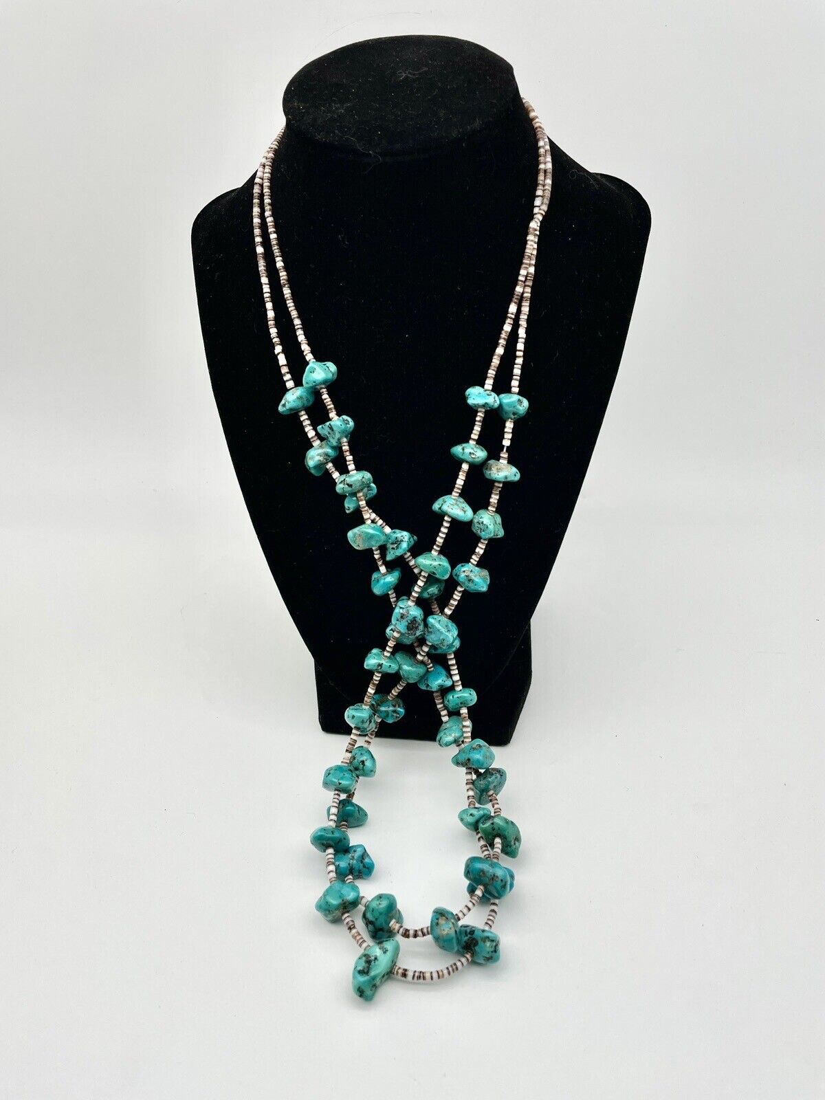 Vintage 2 Strand Turquoise Nugget Necklace With Olive Shell Heishi