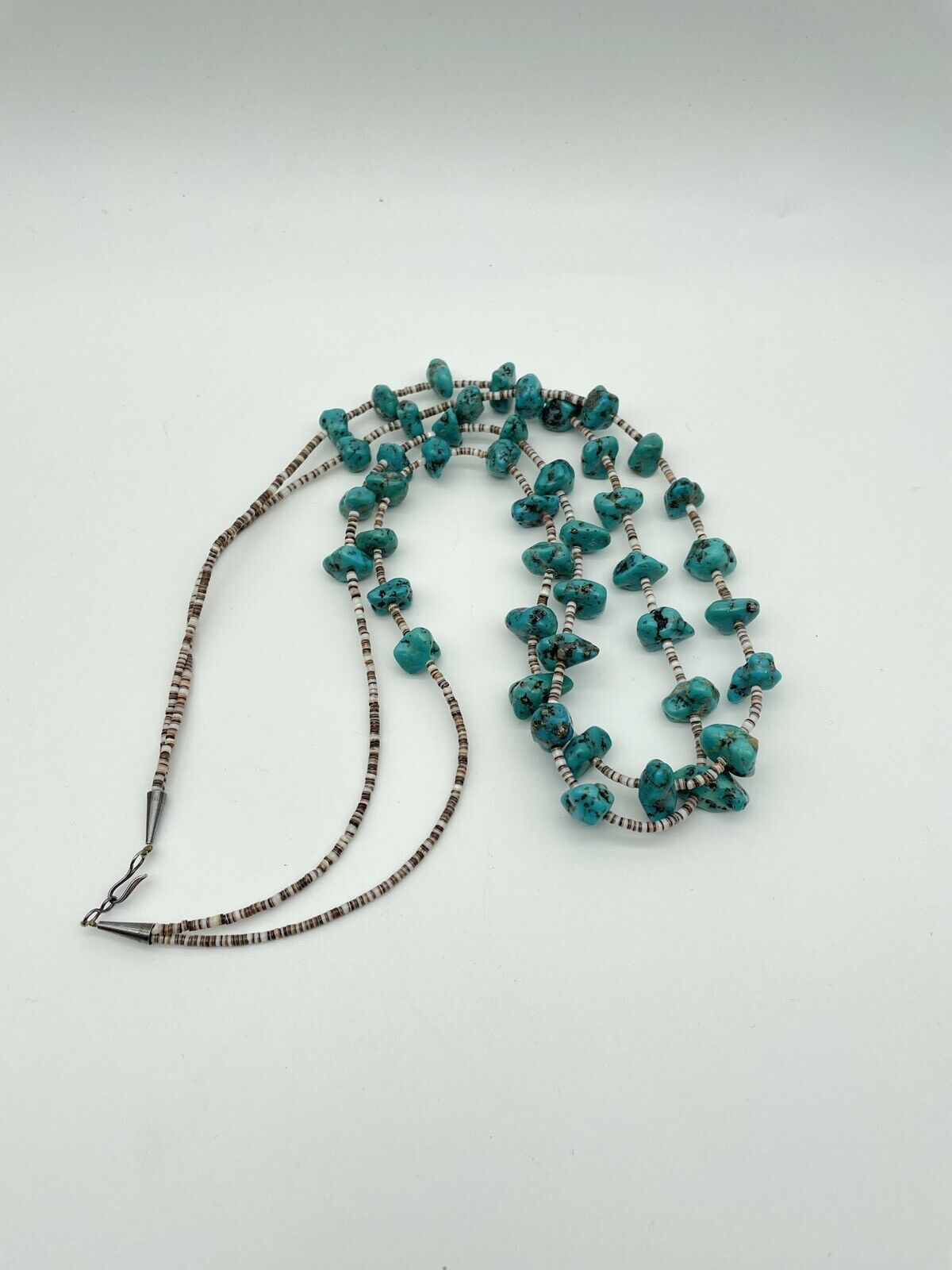 Vintage 2 Strand Turquoise Nugget Necklace With Olive Shell Heishi