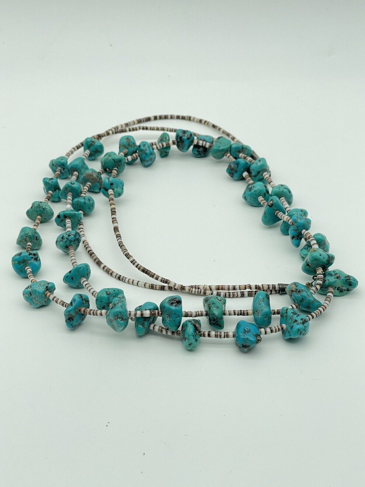 Vintage 2 Strand Turquoise Nugget Necklace With Olive Shell Heishi