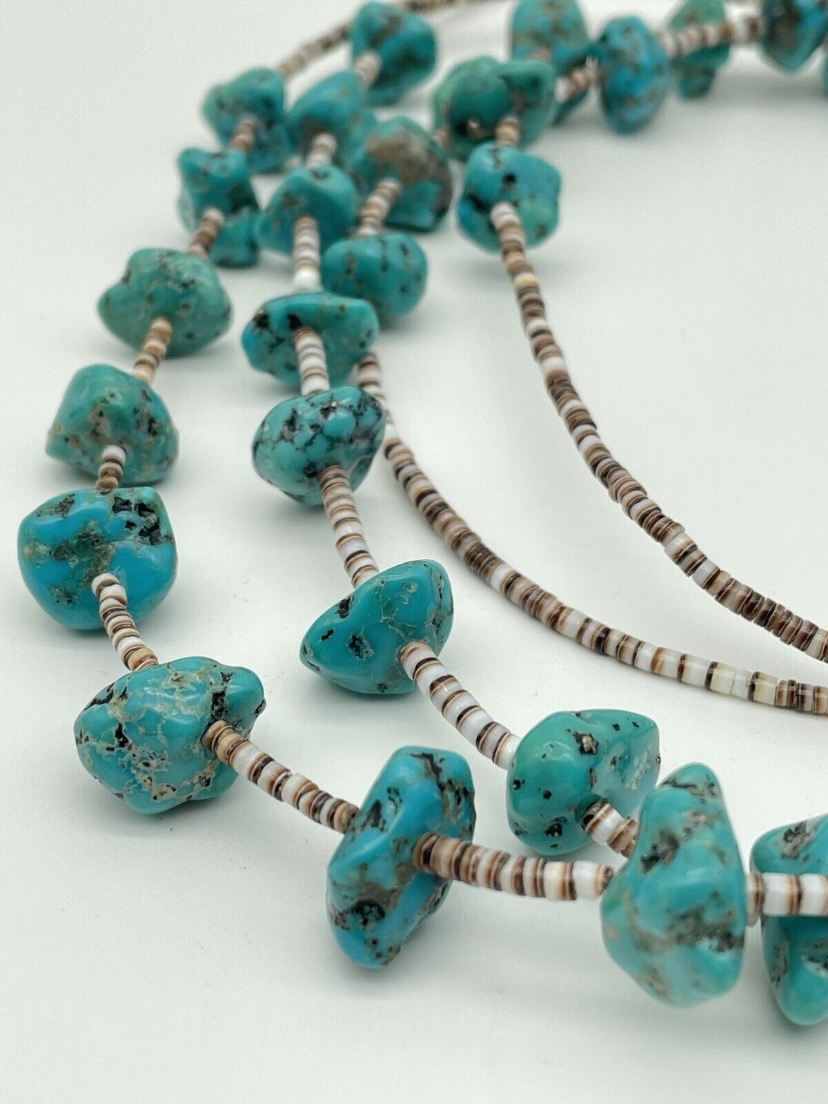 Vintage 2 Strand Turquoise Nugget Necklace With Olive Shell Heishi