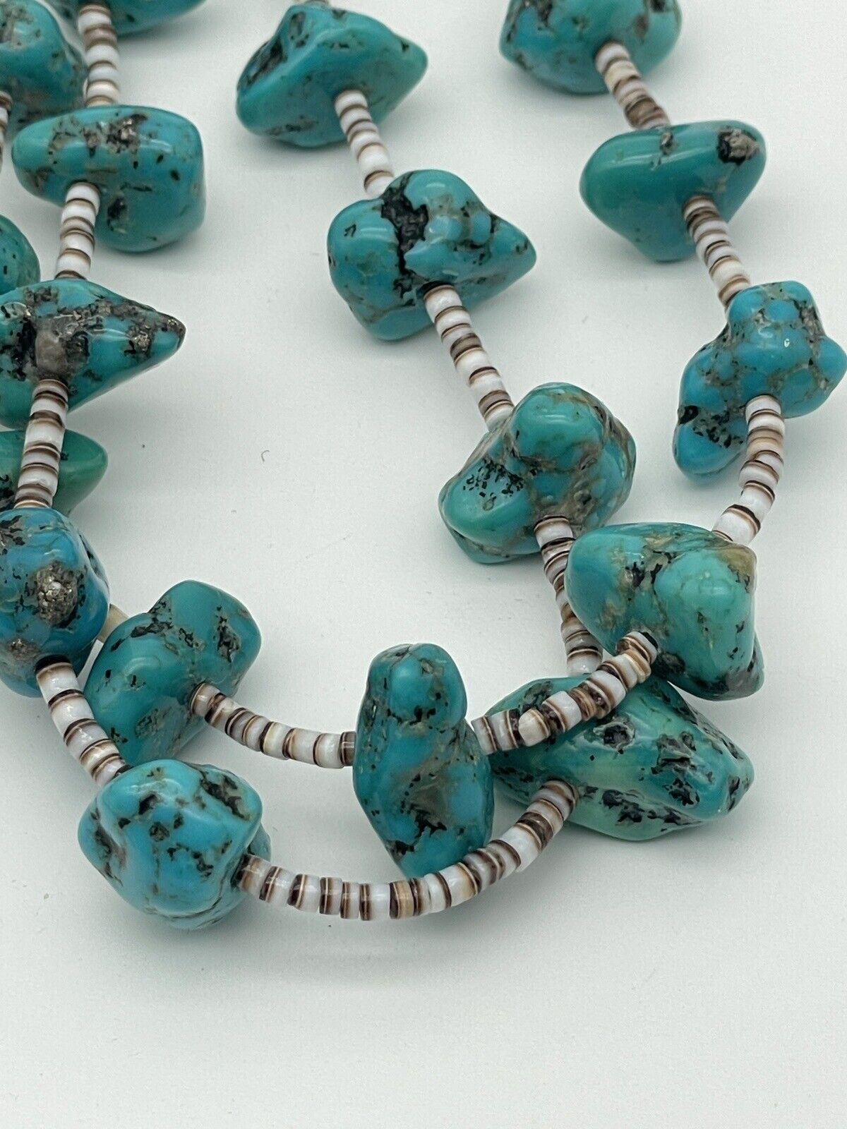 Vintage 2 Strand Turquoise Nugget Necklace With Olive Shell Heishi
