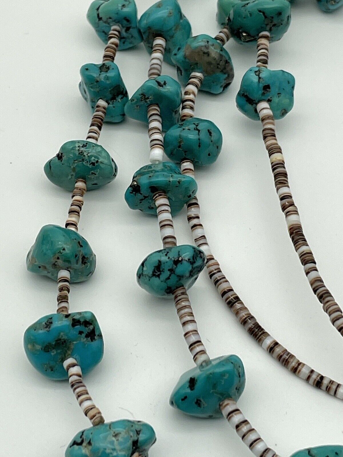 Vintage 2 Strand Turquoise Nugget Necklace With Olive Shell Heishi