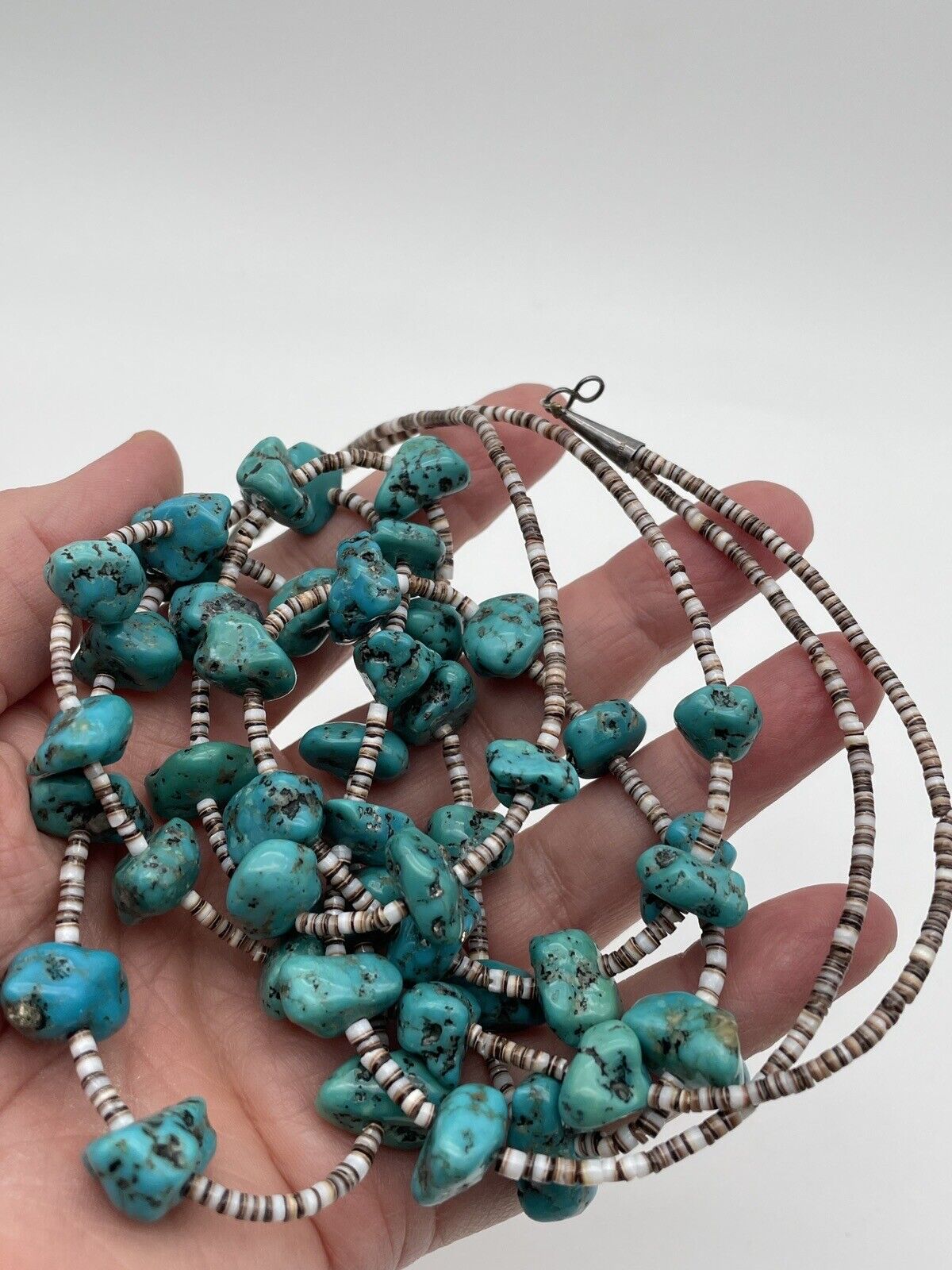 Vintage 2 Strand Turquoise Nugget Necklace With Olive Shell Heishi