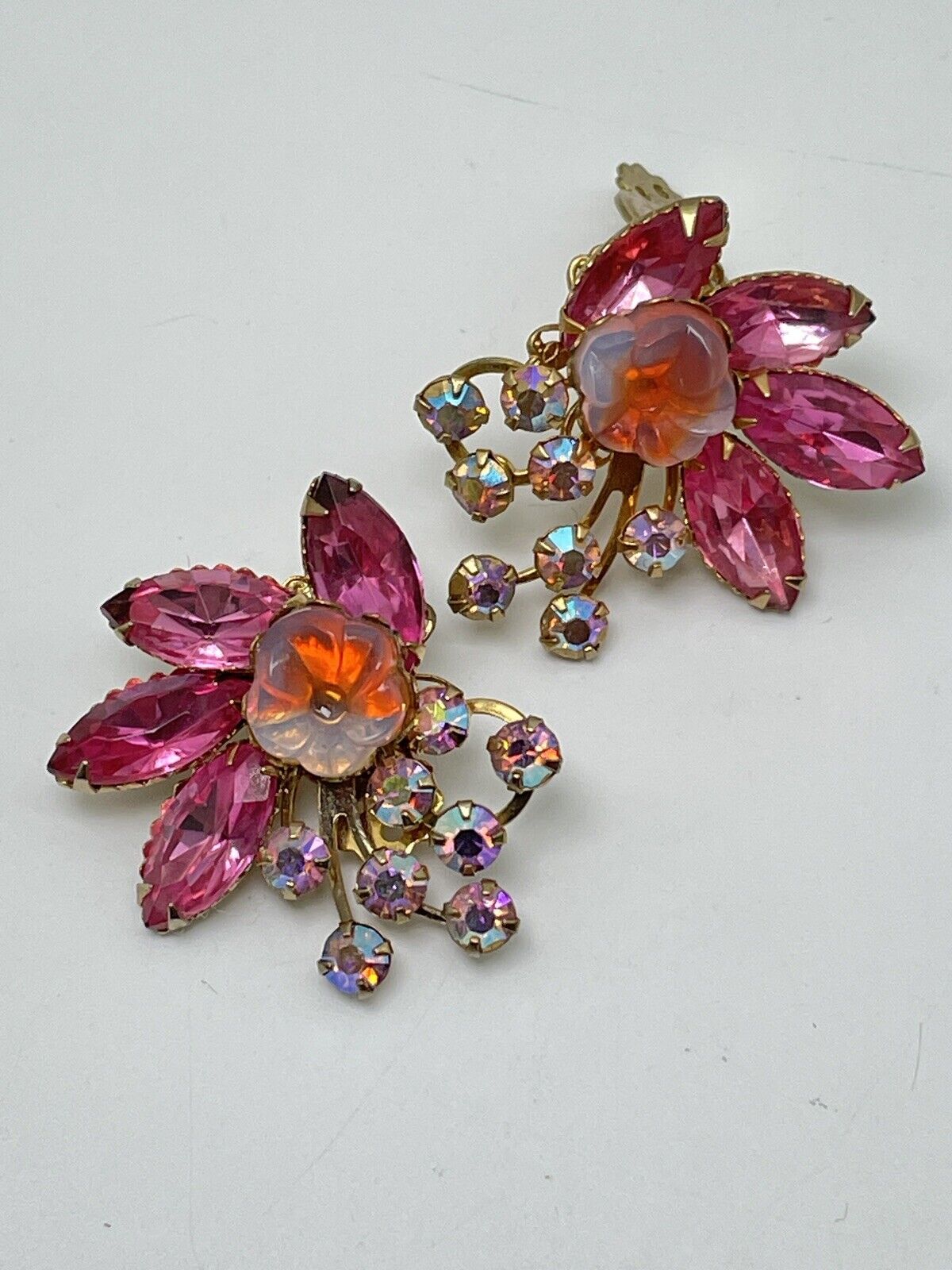 Vintage Pair BEAU JEWELS Pink Rhinestone Earrings AB Accents SIGNED