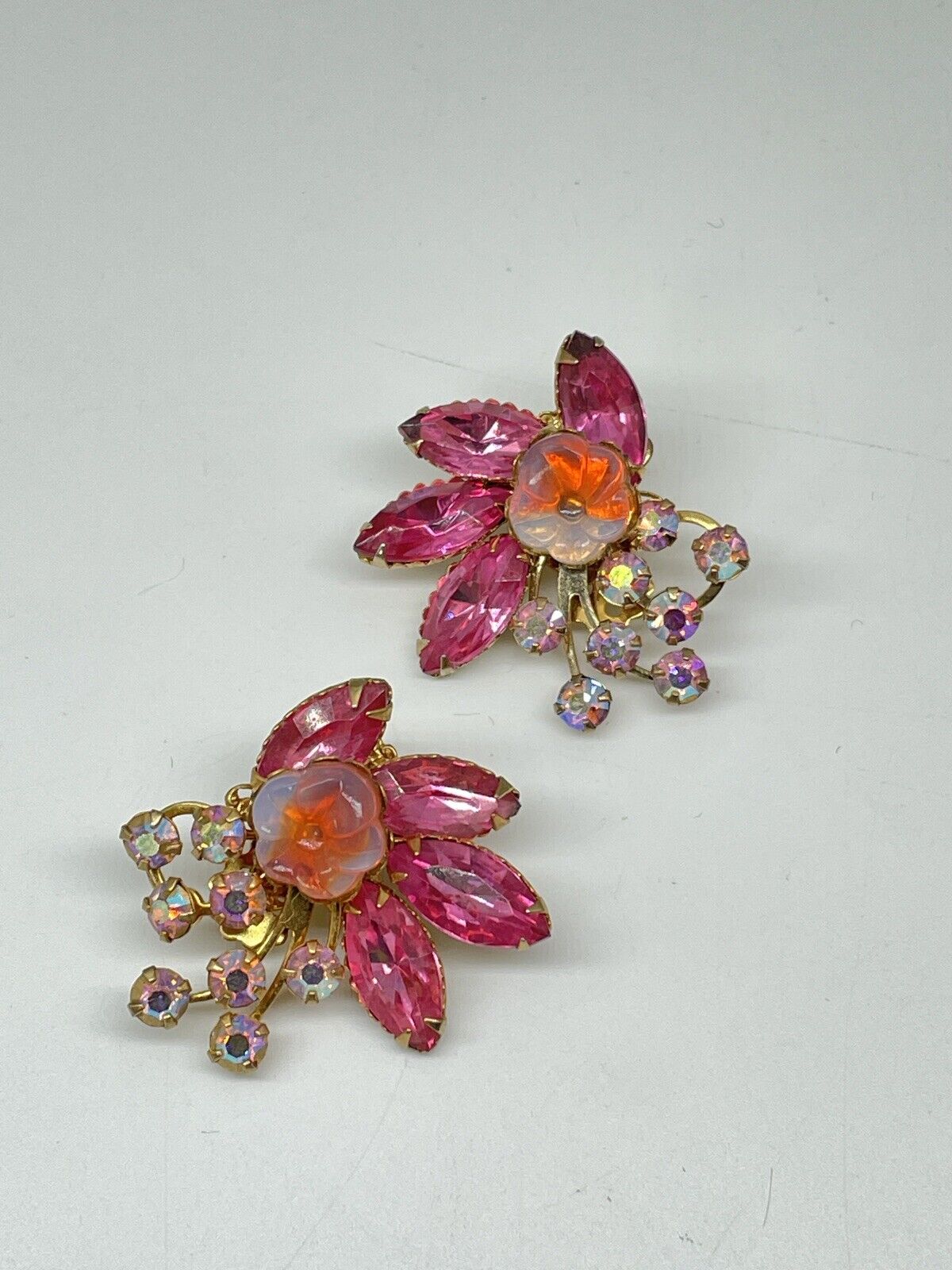 Vintage Pair BEAU JEWELS Pink Rhinestone Earrings AB Accents SIGNED