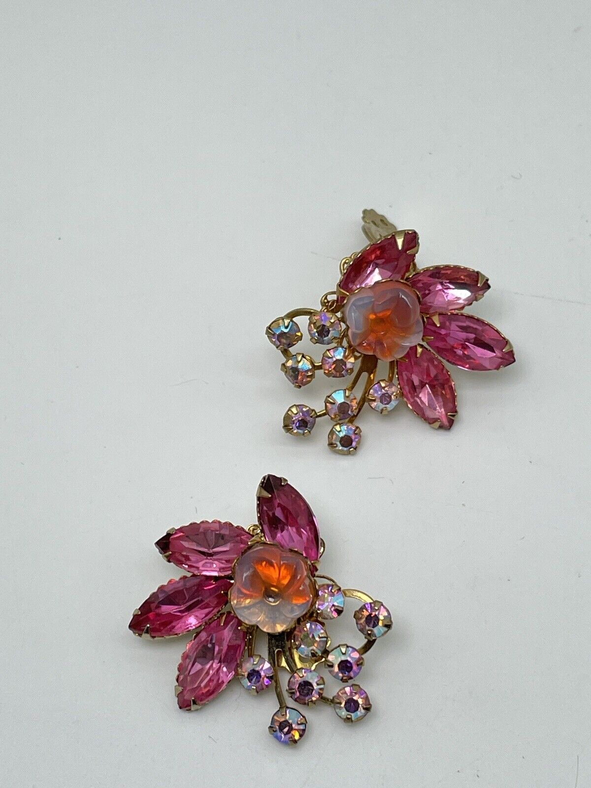 Vintage Pair BEAU JEWELS Pink Rhinestone Earrings AB Accents SIGNED