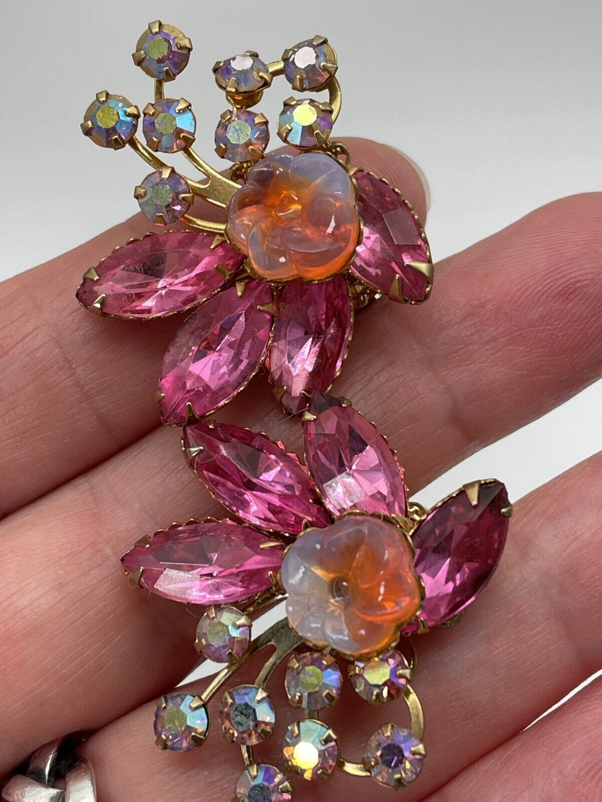Vintage Pair BEAU JEWELS Pink Rhinestone Earrings AB Accents SIGNED