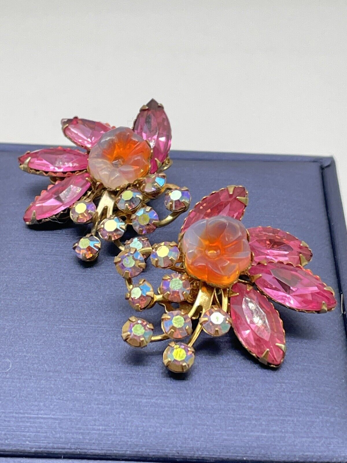 Vintage Pair BEAU JEWELS Pink Rhinestone Earrings AB Accents SIGNED